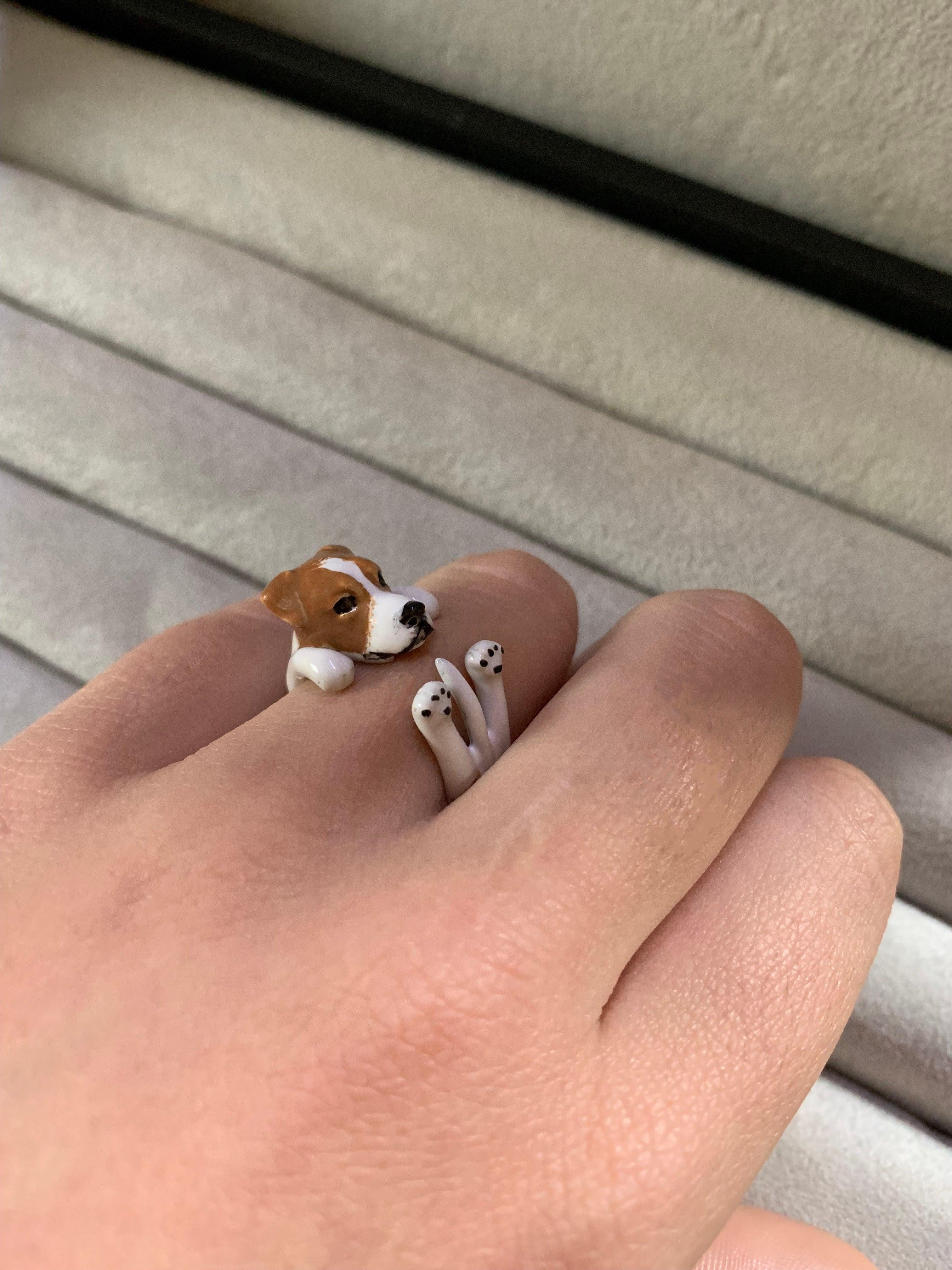 For Sale:  Sterling Silver 925 Enamel Brown and White Jack Russell Dog Customizable Ring 9
