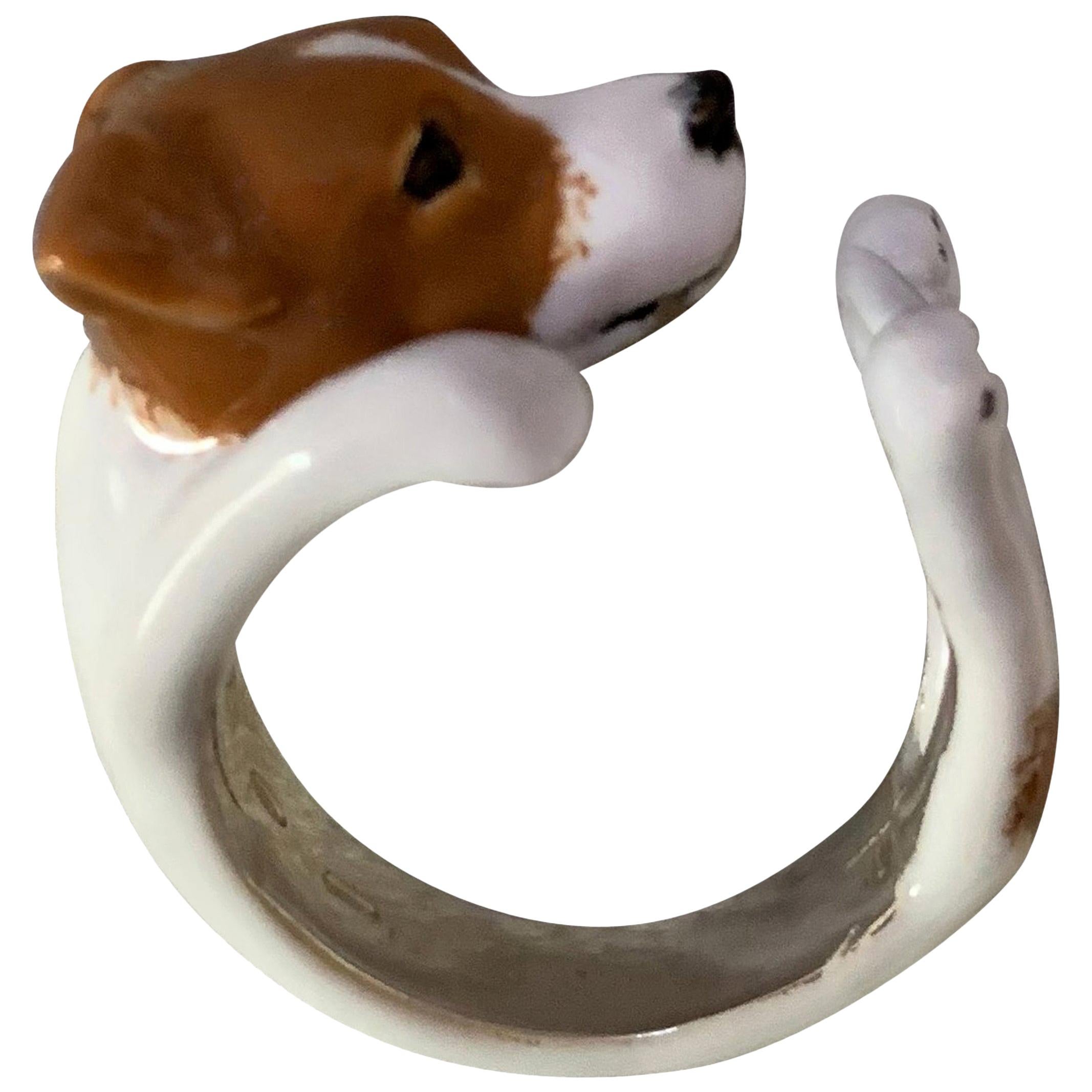 For Sale:  Sterling Silver 925 Enamel Brown and White Jack Russell Dog Customizable Ring