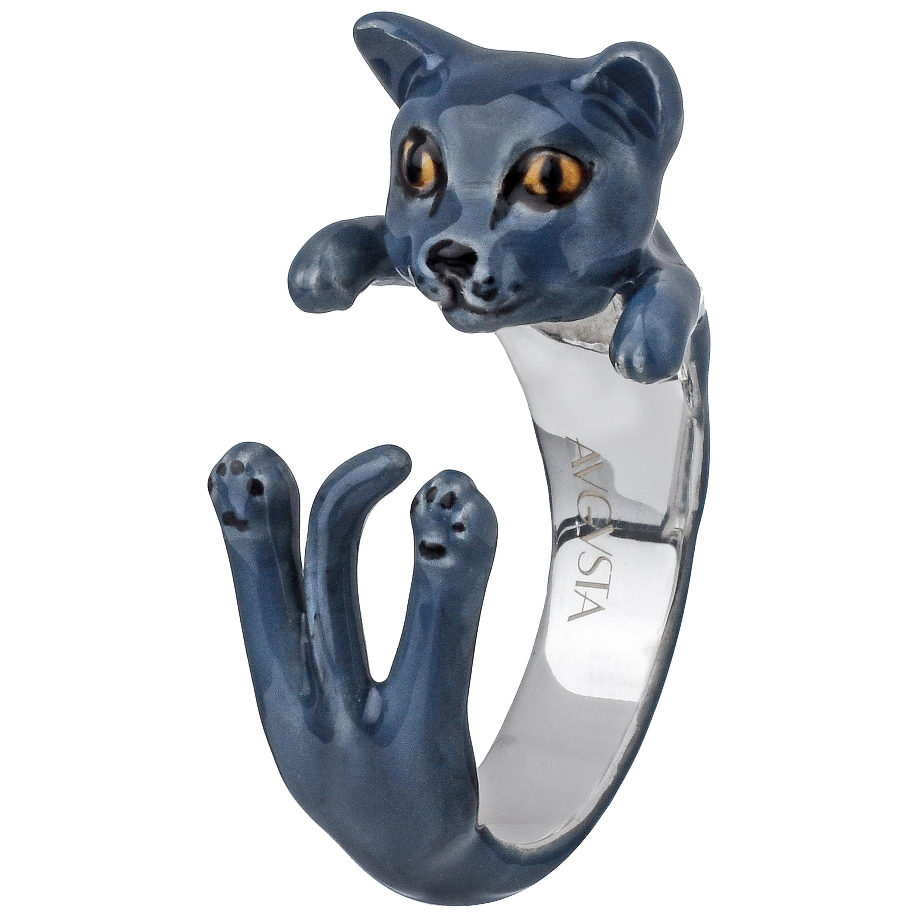 Sterling Silver 925 Enamel Grey Cat Customized Ring For Sale