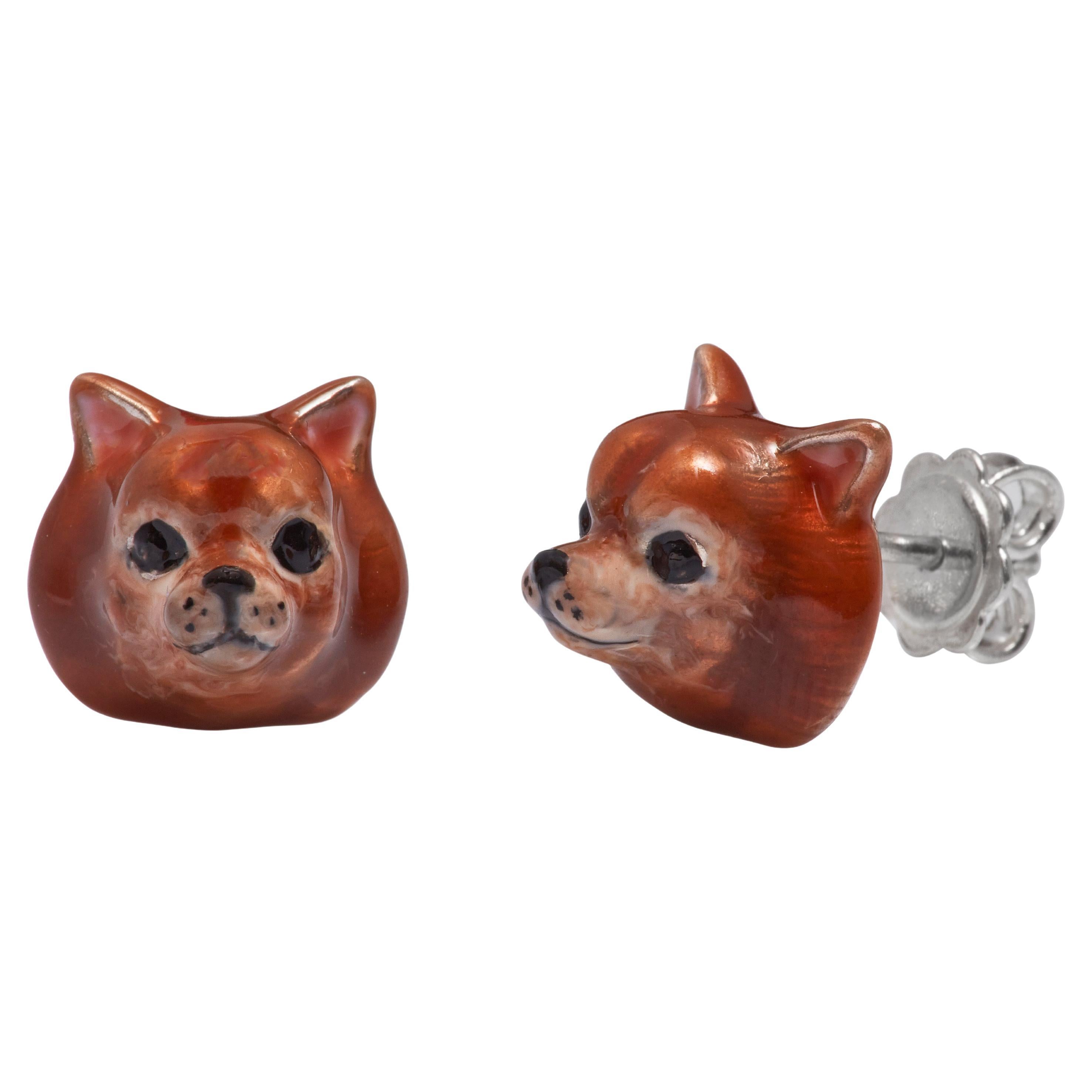Sterling Silver 925 Enamel Pomeranian Dog Enamel Earrings