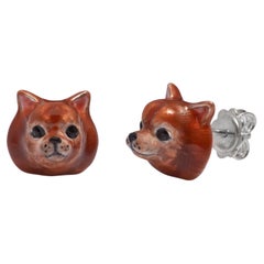 Sterling Silver 925 Enamel Pomeranian Dog Enamel Earrings