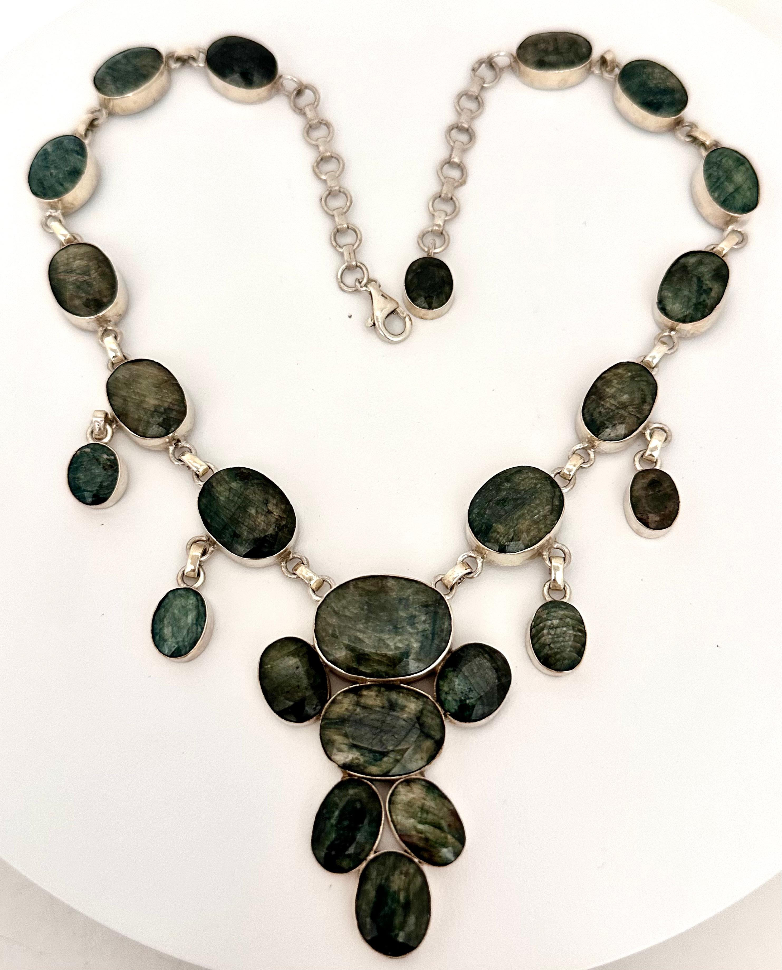 Women's Sterling Silver .925 & Faceted Emerald Bib Drop 18