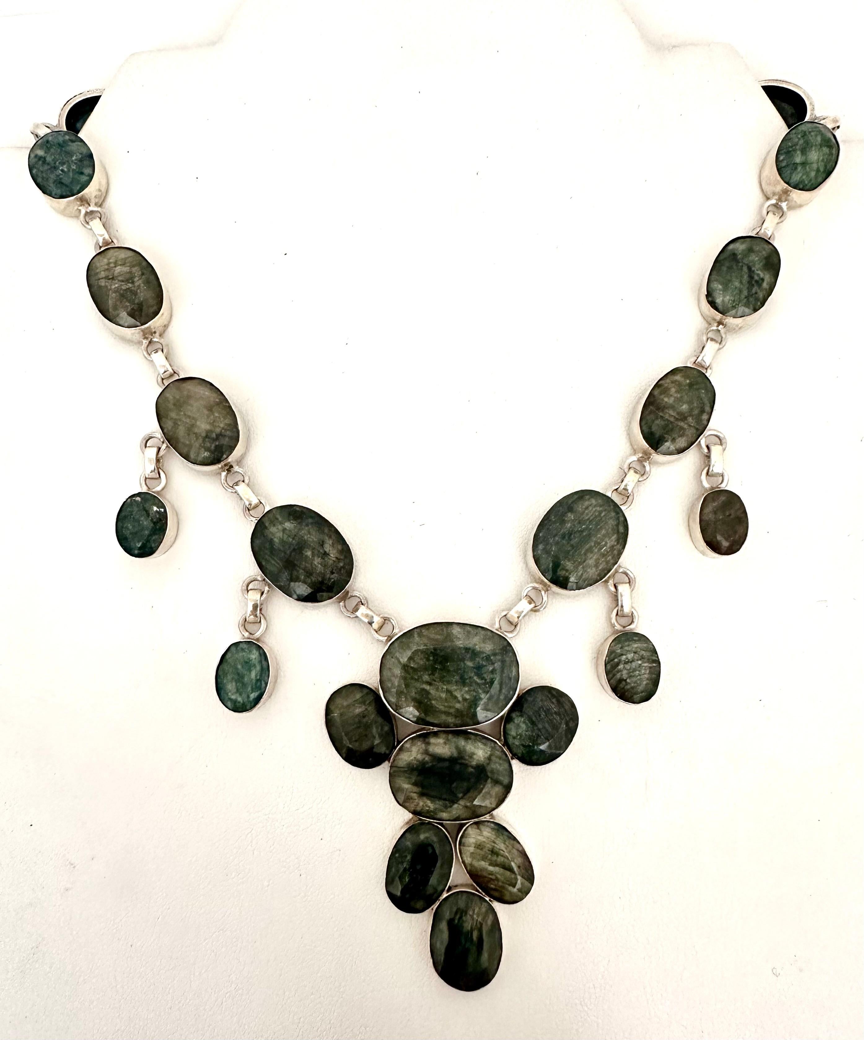 Sterling Silver .925 & Faceted Emerald Bib Drop 18" Necklace For Sale