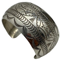 Sterling Silver .925 Hand Stamped Cuff Bracelet Signed Navajo Artist VJP Albo NM