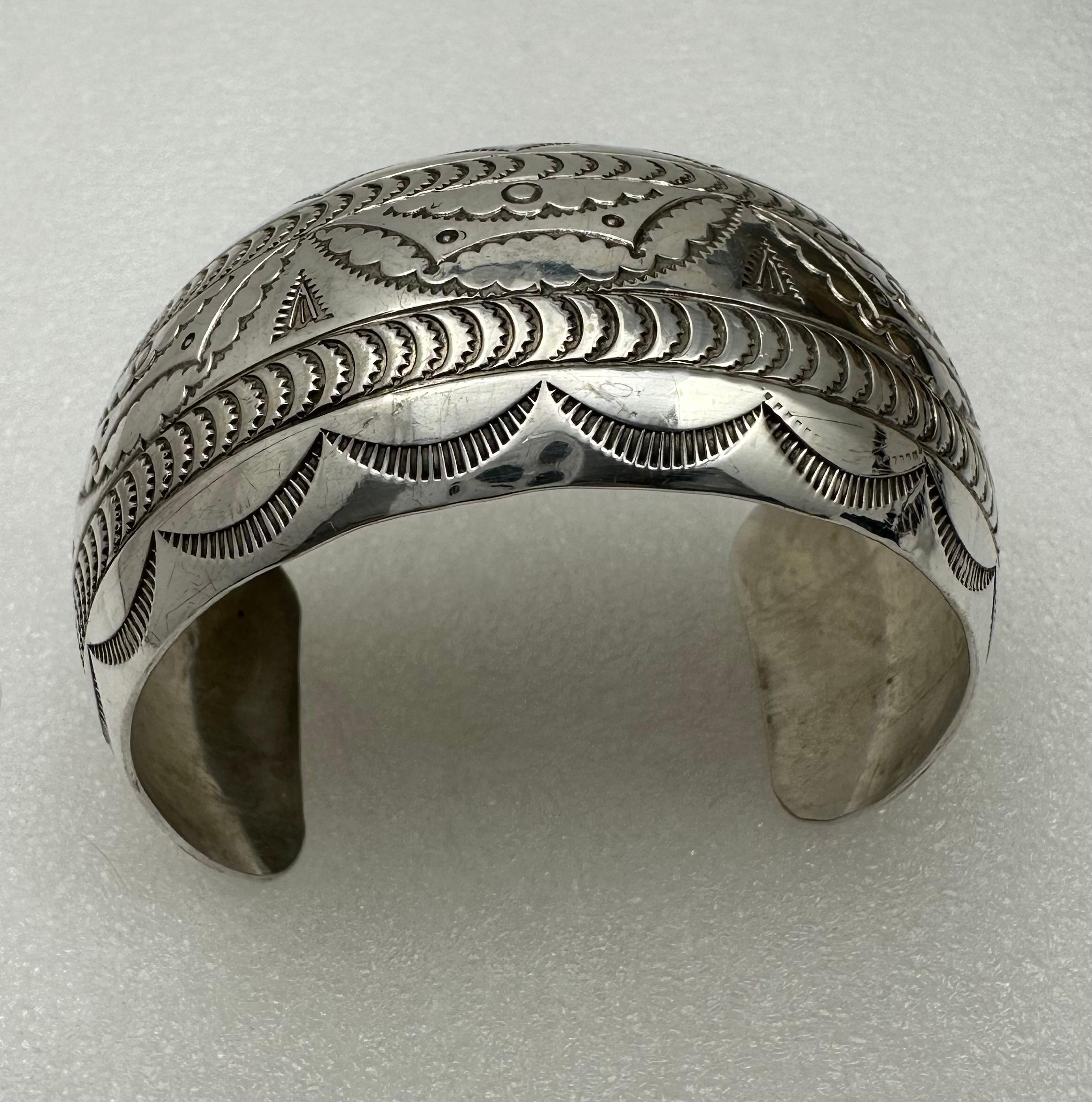 Artisan Sterling Silver .925 Hand Stamped Cuff Bracelet Signed Navajo Artist VJP Albo NM For Sale