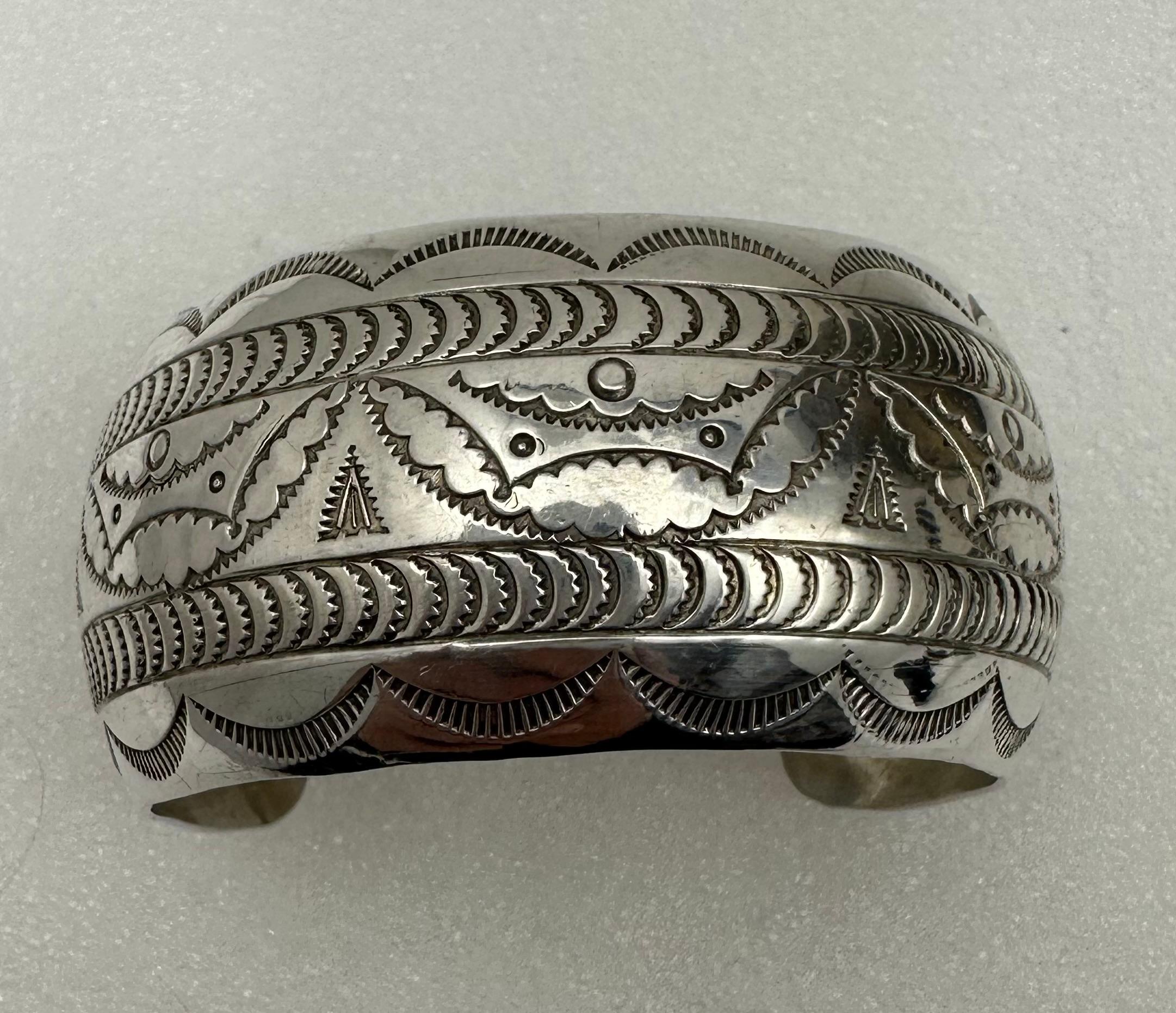 Women's Sterling Silver .925 Hand Stamped Cuff Bracelet Signed Navajo Artist VJP Albo NM For Sale