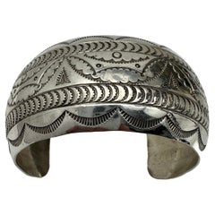 Sterling Silver .925 Hand Stamped Cuff Bracelet Signed Navajo Artist VJP Albo NM