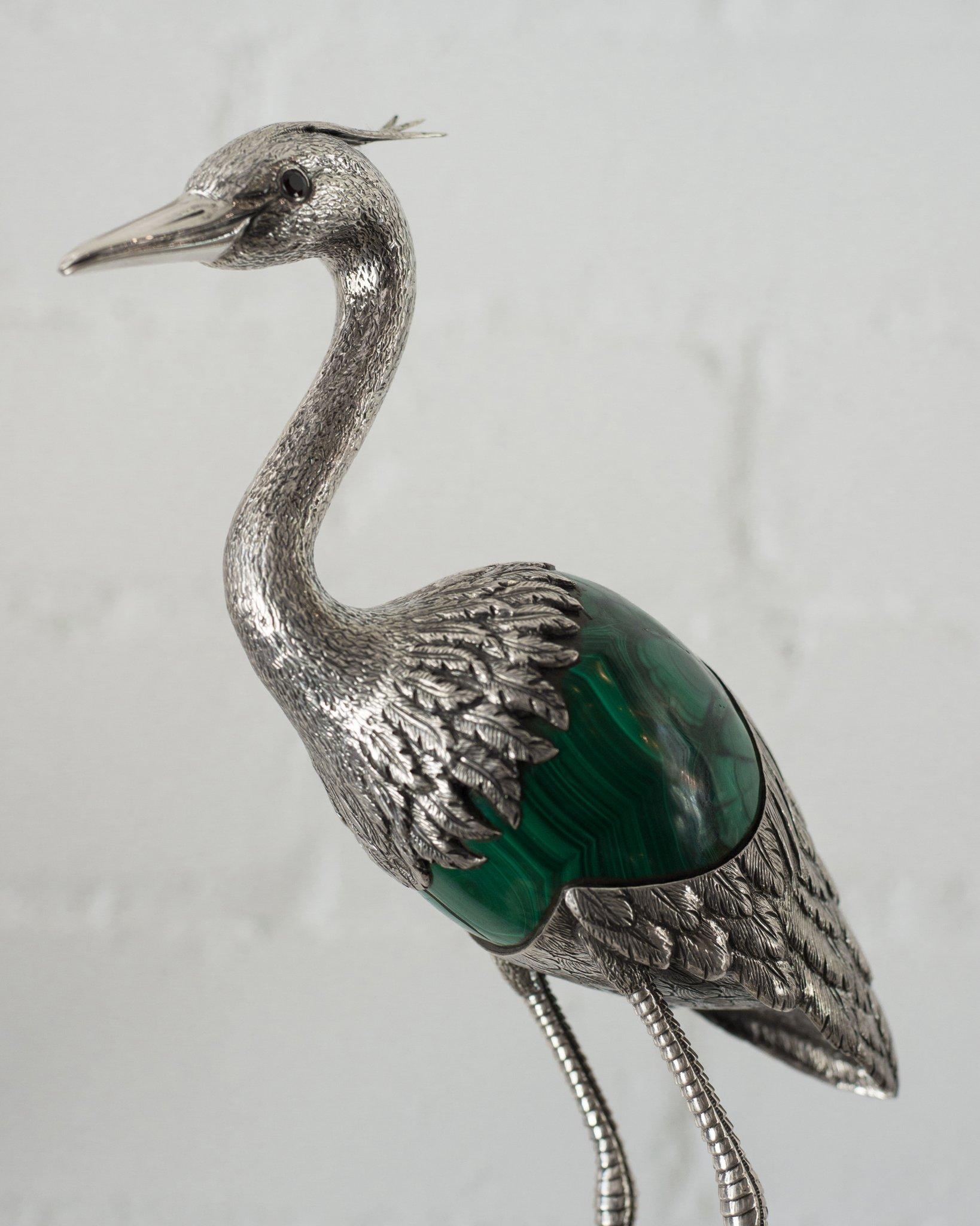 Portuguese Sterling Silver 925 Heron Sculpture with Green Malachite Stone Egg