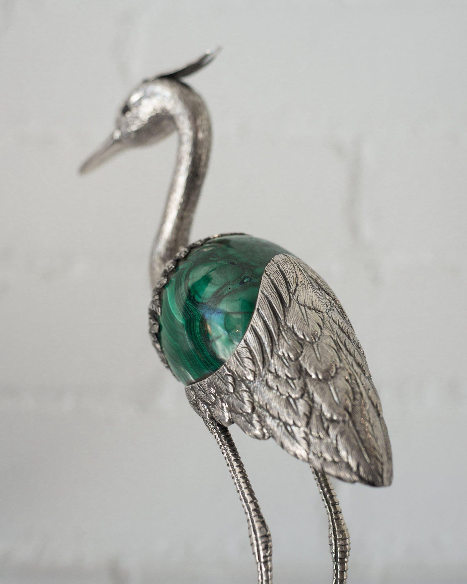 Sterling Silver 925 Heron Sculpture with Green Malachite Stone Egg In New Condition In Toronto, ON