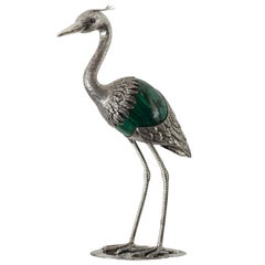 Sterling Silver 925 Heron Sculpture with Green Malachite Stone Egg