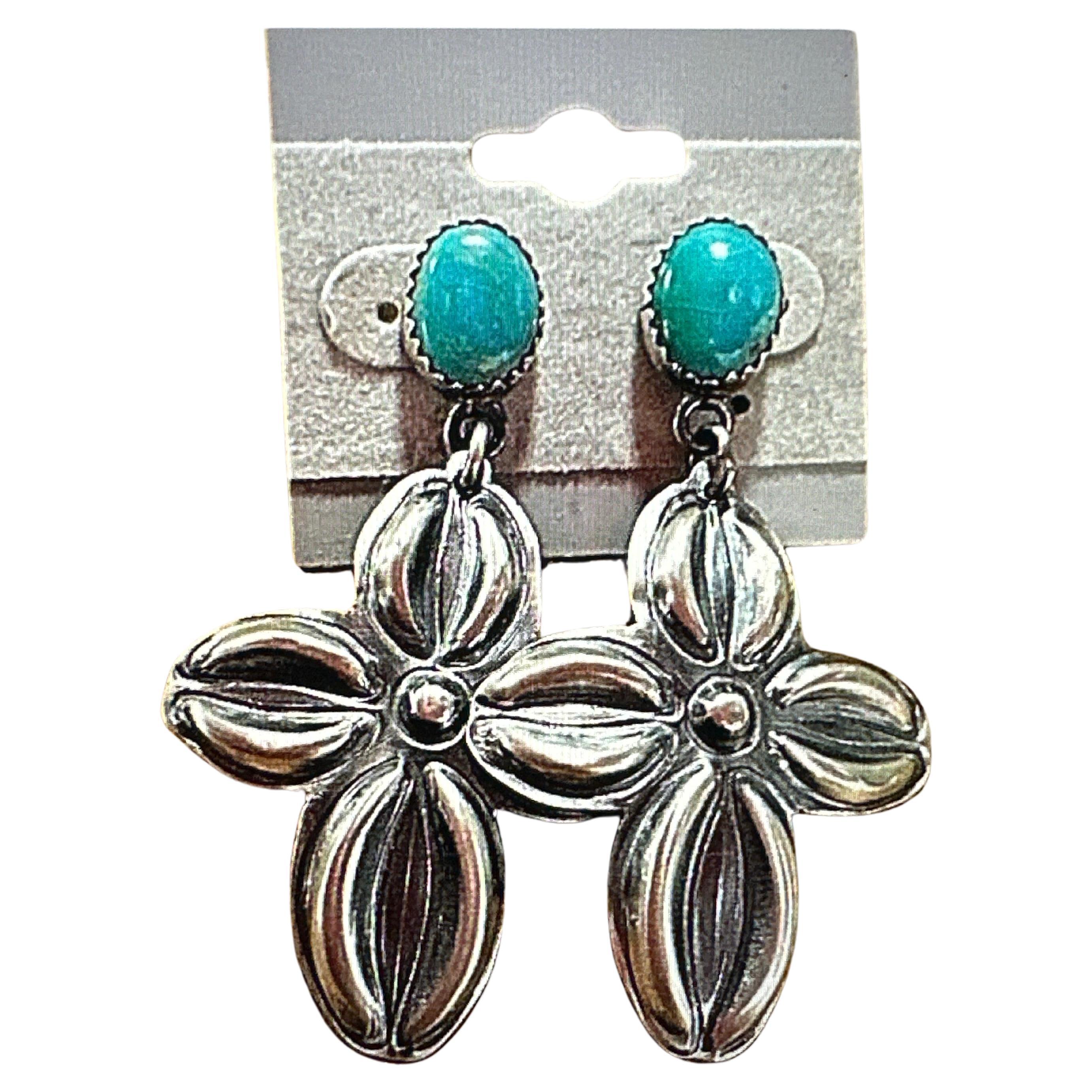 Sterling Silver .925 Kingman Turquoise Repousse Cross 1" x 2" dangle Earrings For Sale