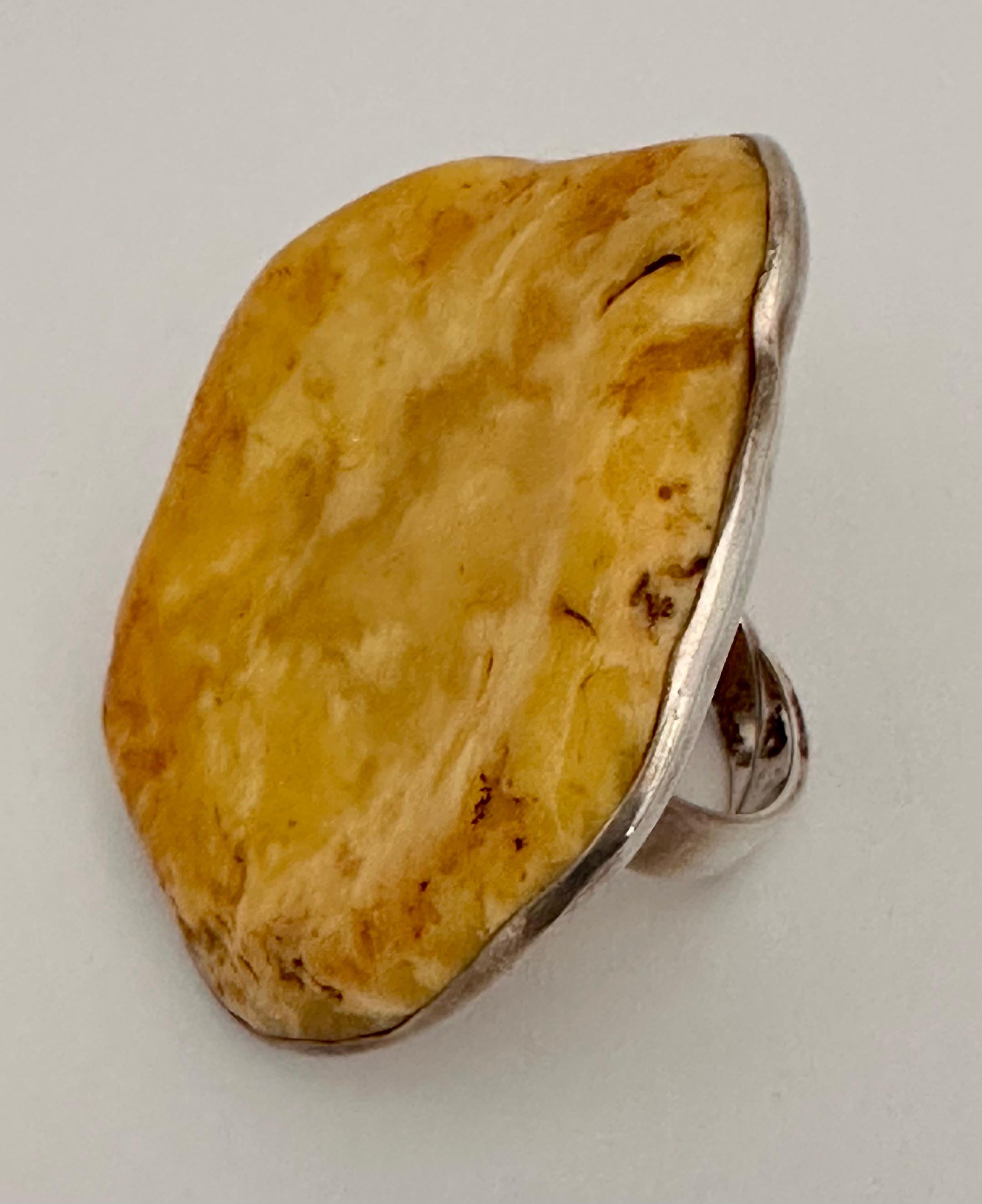 Artisan Sterling Silver .925 ~ Large Baltic Butterscotch Amber Adjustable Ring Size 8 For Sale