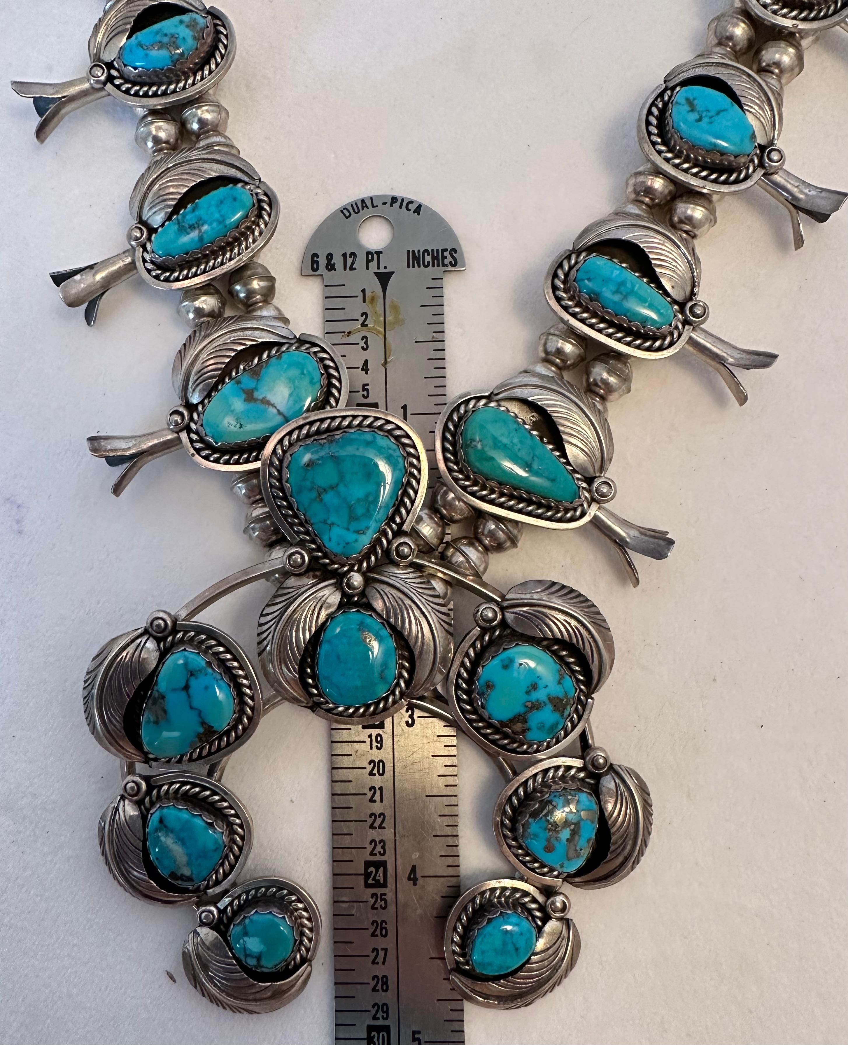 Sterling Silver .925 Morenci Turquoise Squash Blossom Navajo by Don Platero For Sale 2