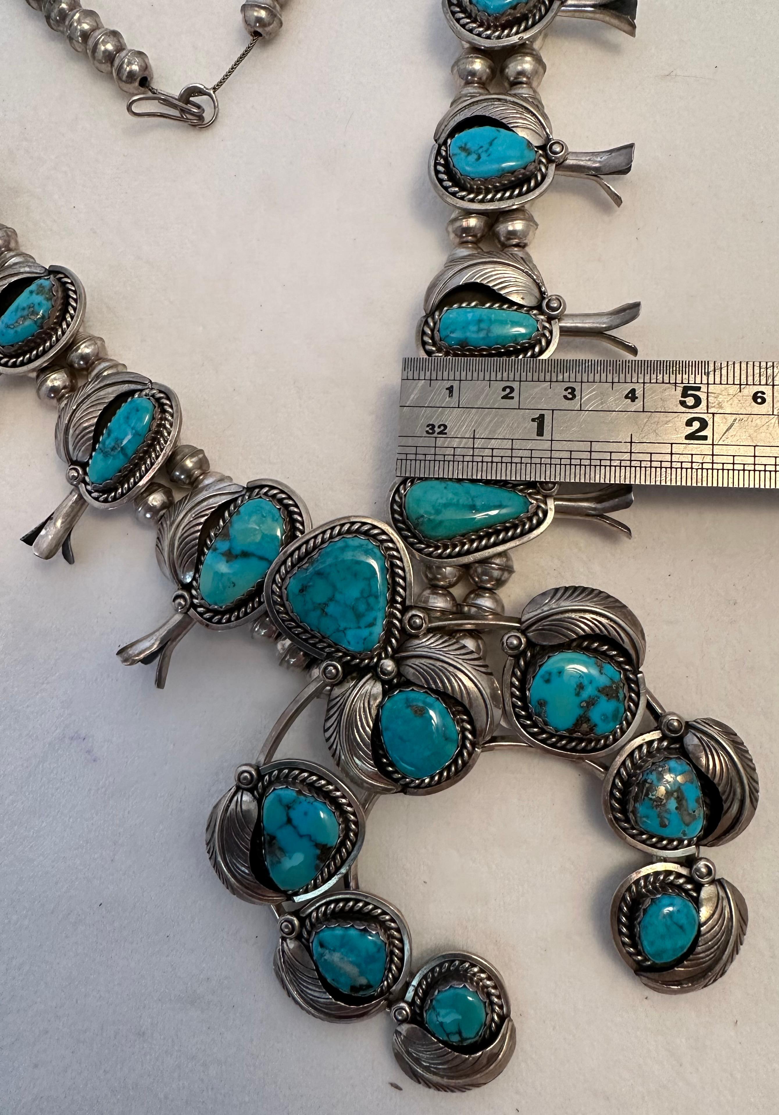 Sterling Silver .925 Morenci Turquoise Squash Blossom Navajo by Don Platero For Sale 3