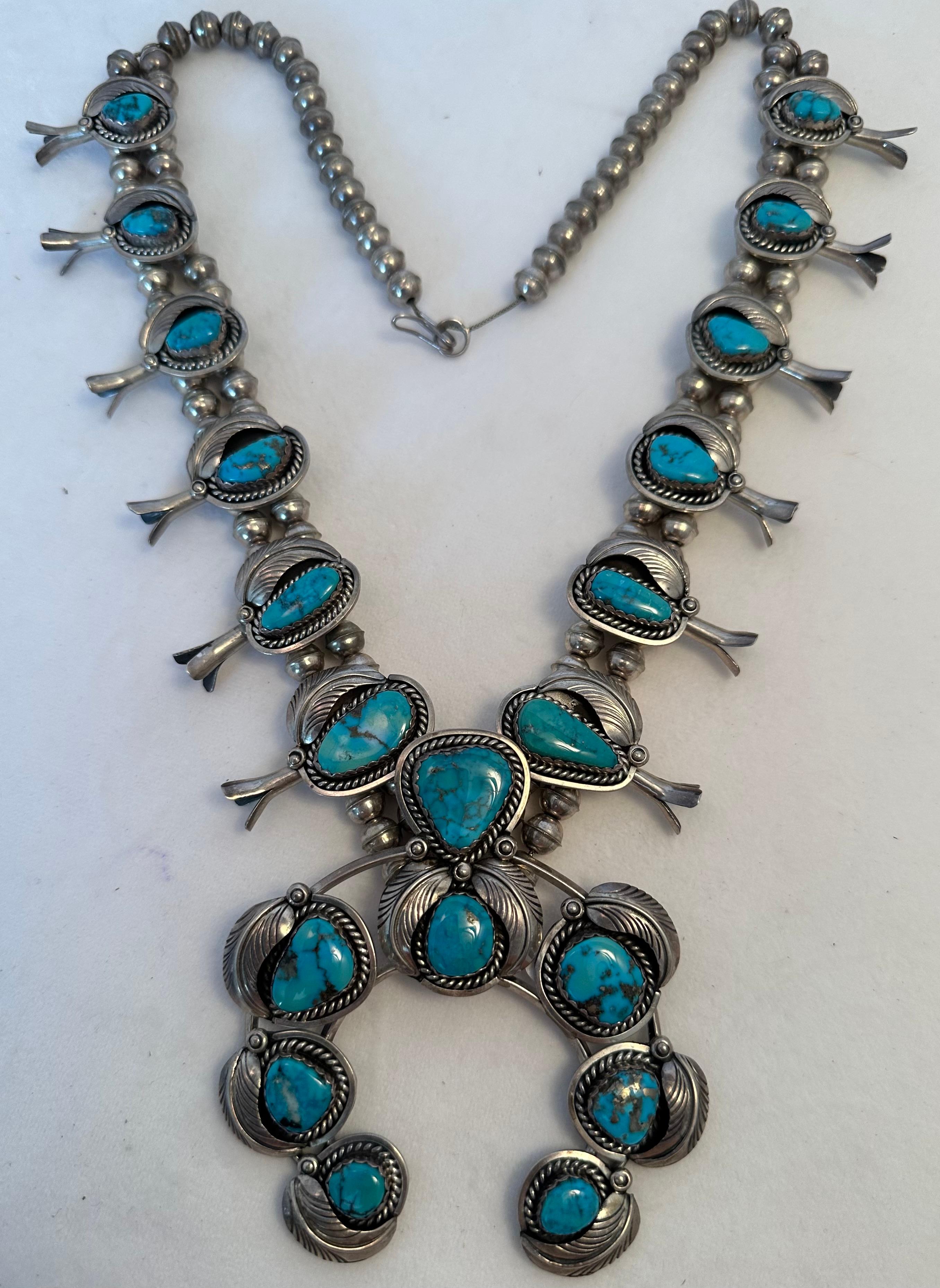 Native American Sterling Silver .925 Morenci Turquoise Squash Blossom Navajo by Don Platero For Sale