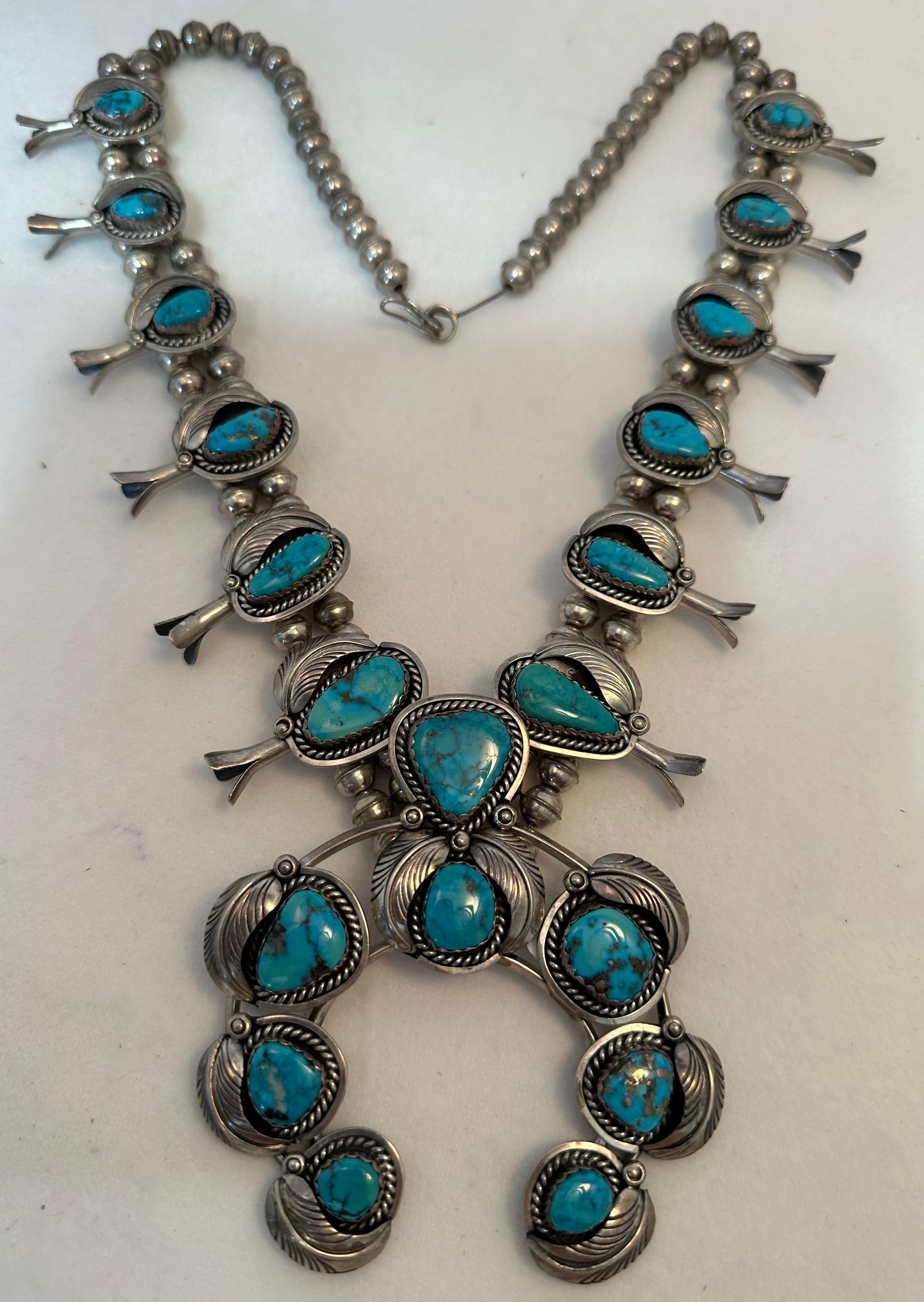 Cabochon Sterling Silver .925 Morenci Turquoise Squash Blossom Navajo by Don Platero For Sale