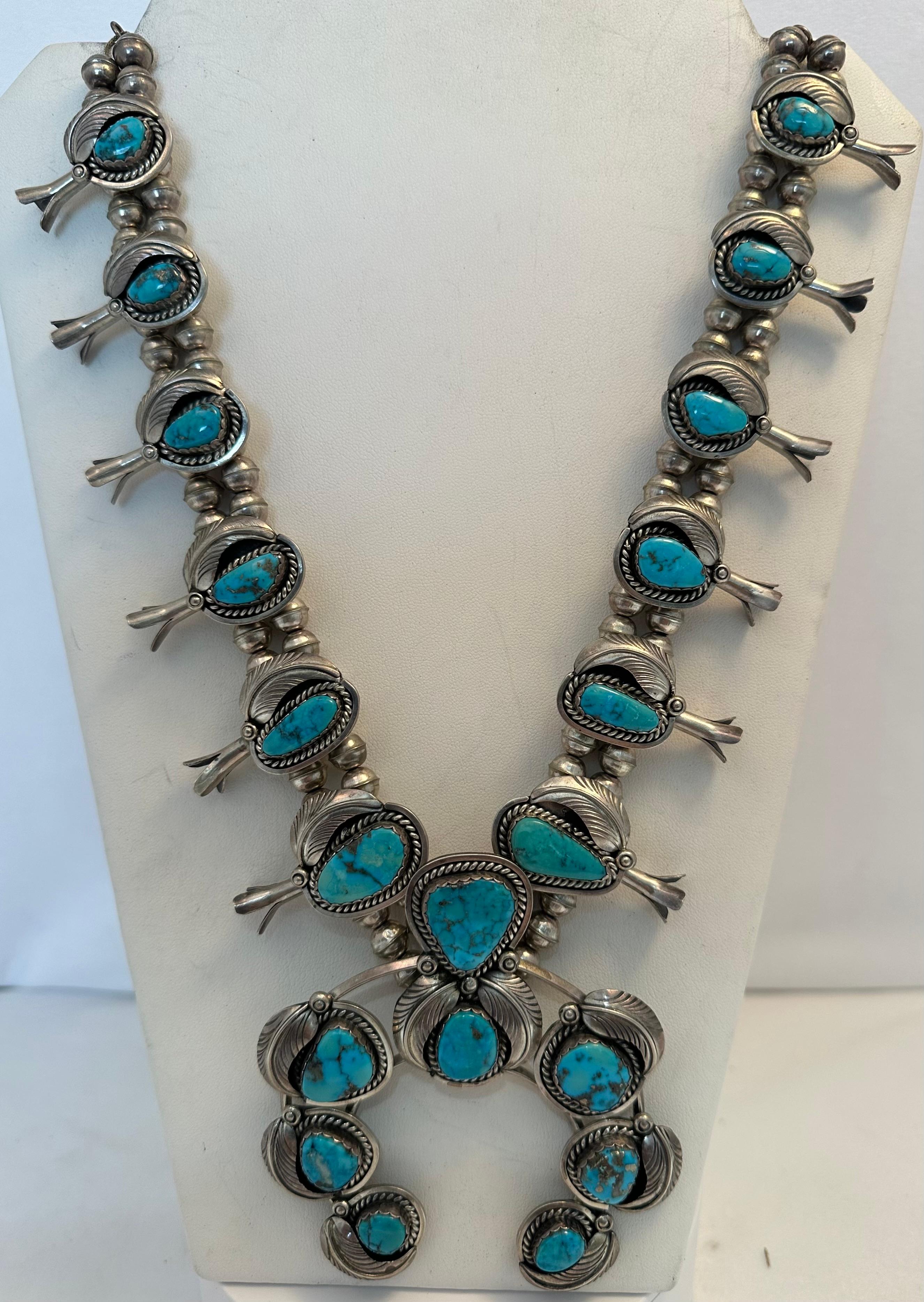 Sterling Silver .925 Morenci Turquoise Squash Blossom Navajo by Don Platero In Good Condition For Sale In Las Vegas, NV