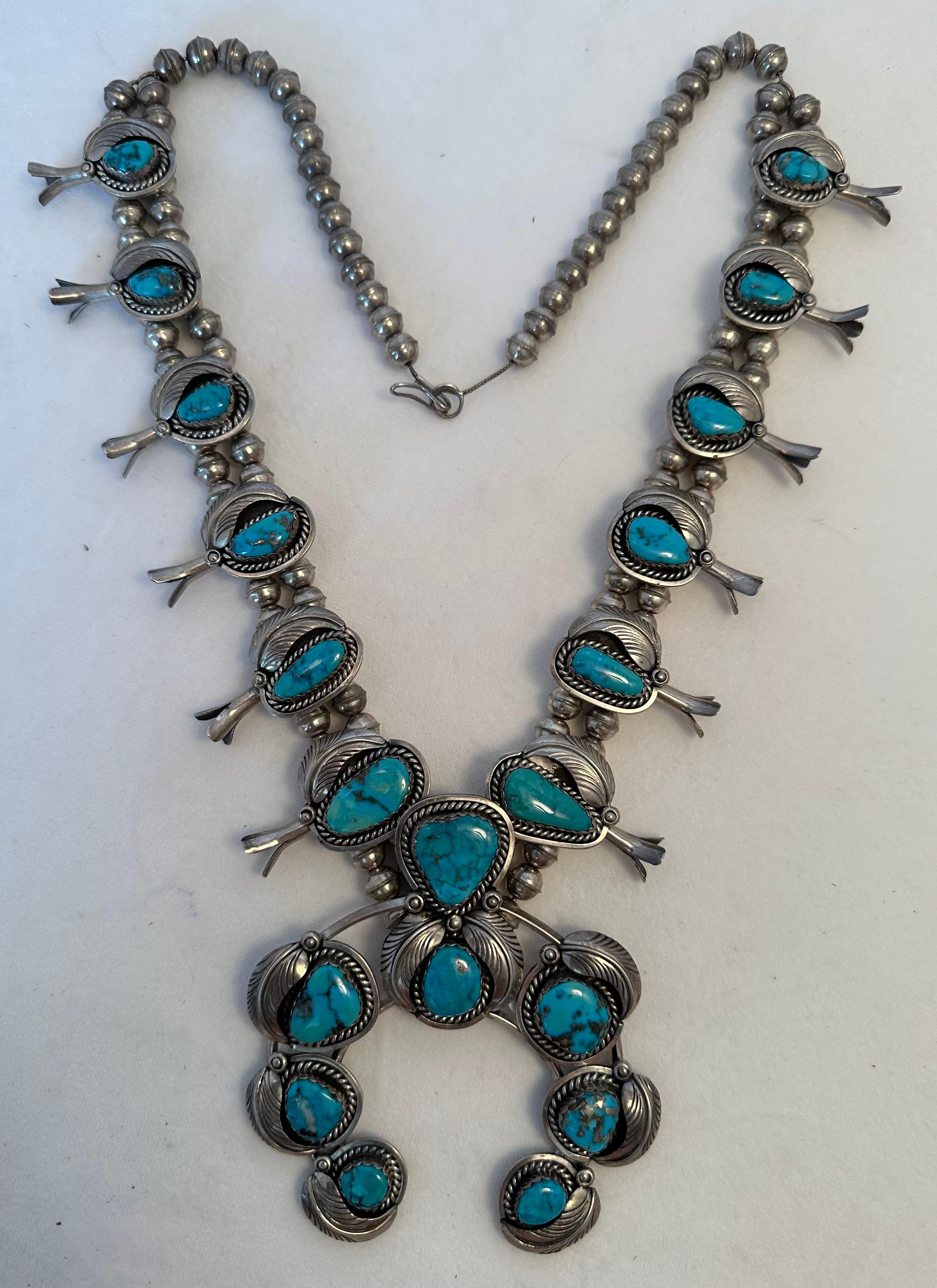 Women's Sterling Silver .925 Morenci Turquoise Squash Blossom Navajo by Don Platero For Sale