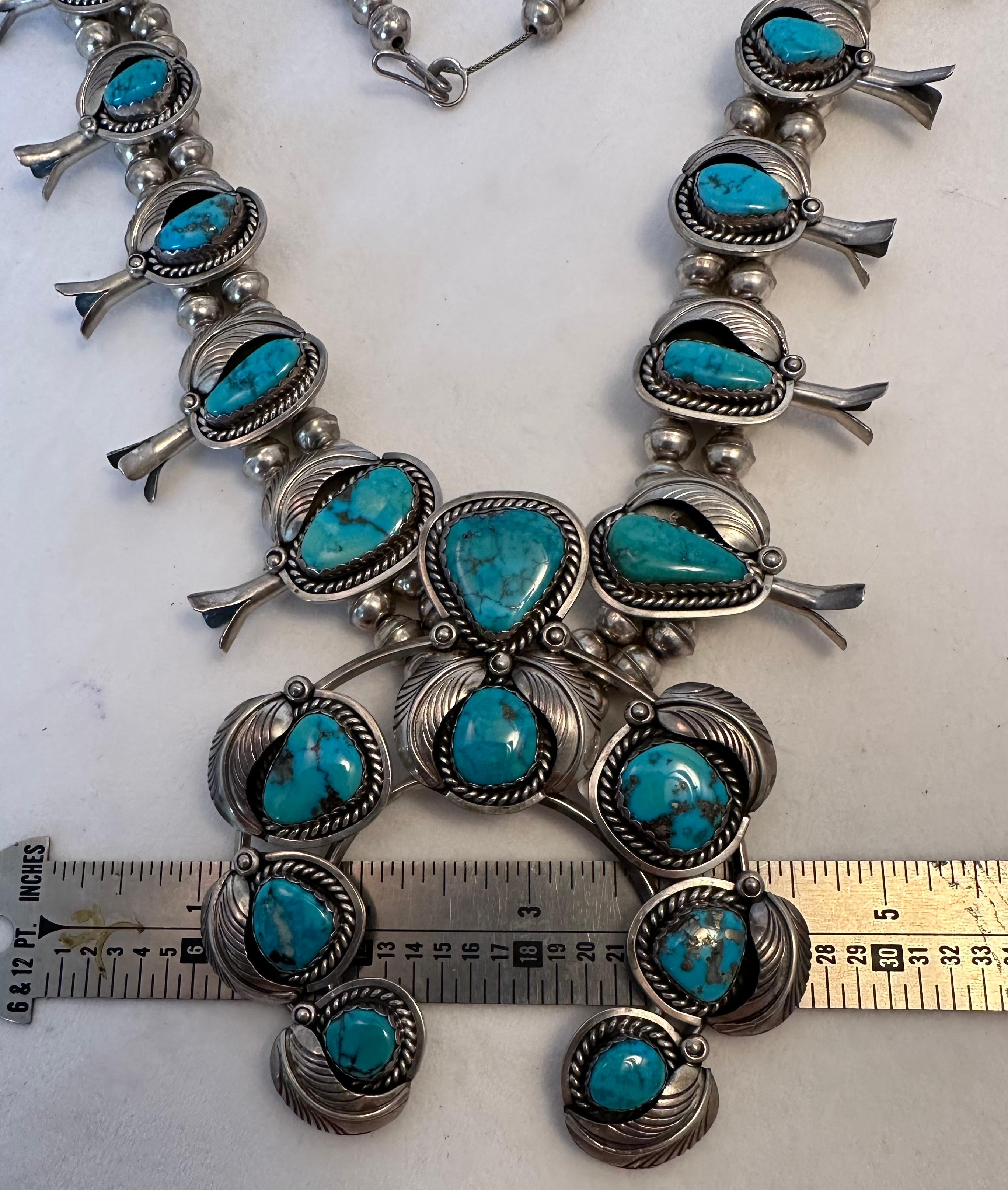 Sterling Silver .925 Morenci Turquoise Squash Blossom Navajo by Don Platero For Sale 1