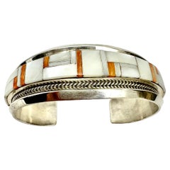 Sterling Silver .925 ~ Mother Of Pearl & Coral 1" Wide Bracelet By J Douglas