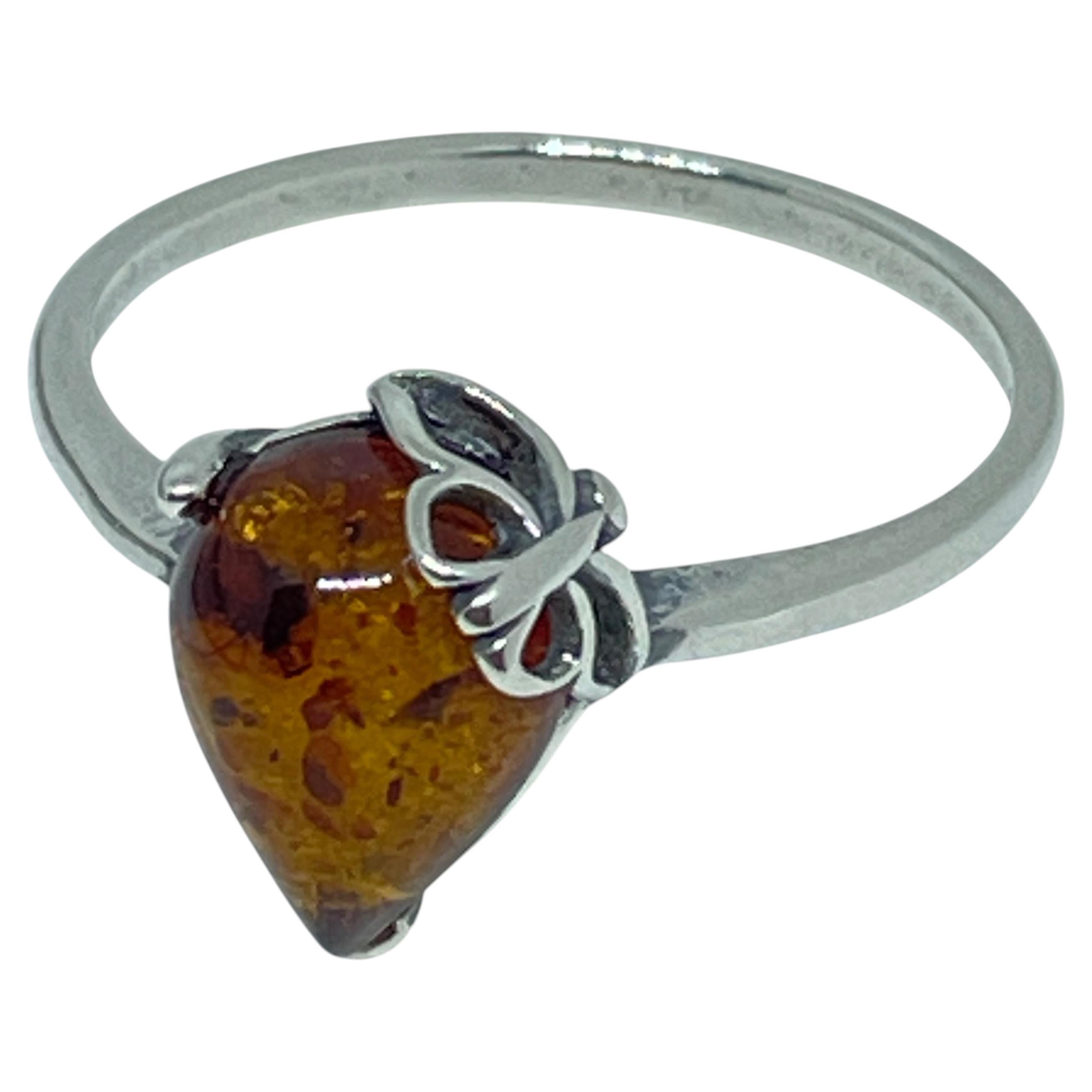 Ring aus 925er Sterlingsilber mit natürlichem baltischem Bernstein, hergestellt in Polen, Größe 9, 2,16 g