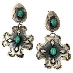 Sterling Silver .925 Navajo Artist A Brown 1 1/2" x 2" Turquoise Cross Earrings