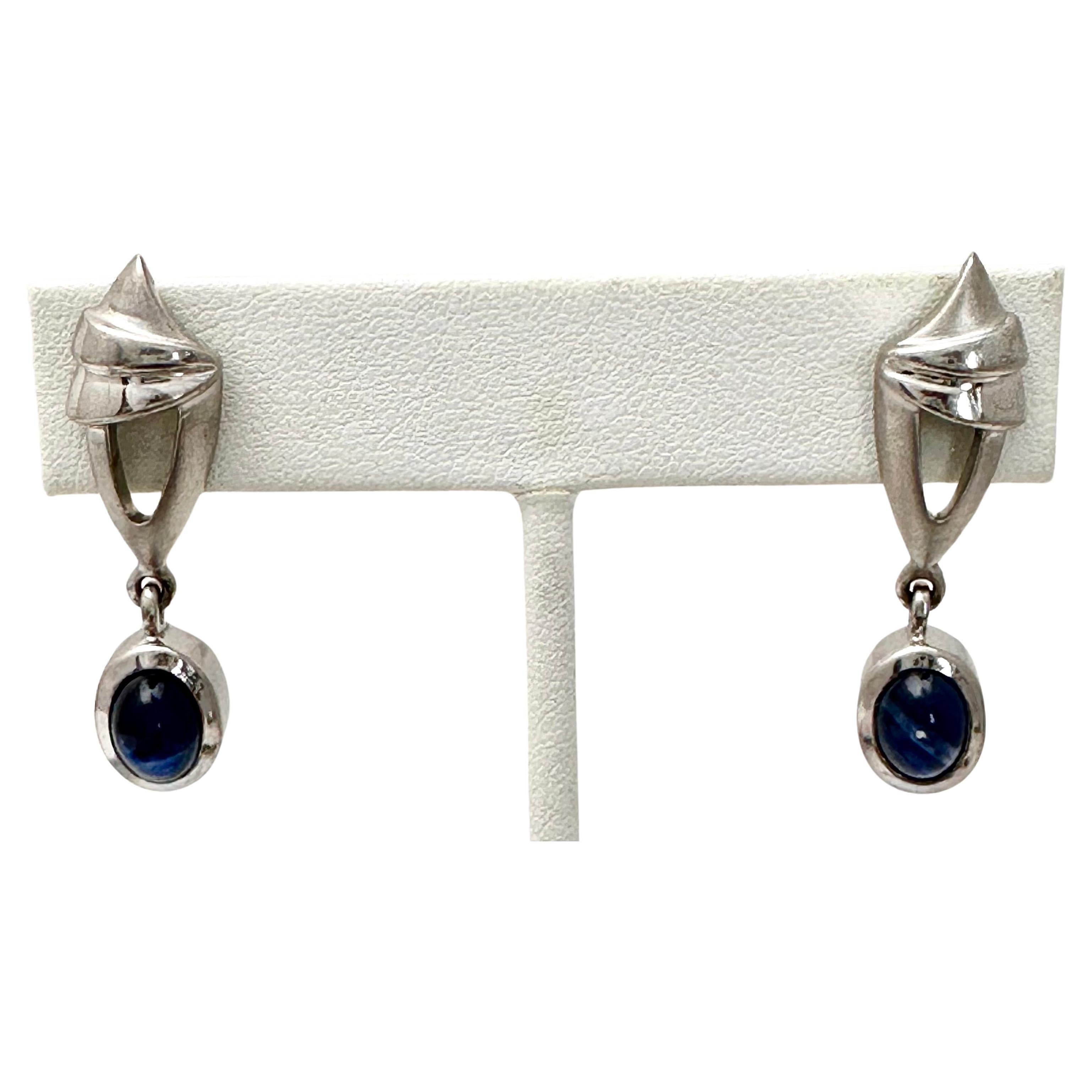 Sterling Silver .925 Oval Sapphire Cabochons 1./2" x 1 1/2" Dangle Earrings  For Sale