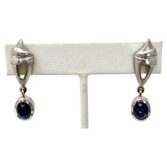 Sterling Silver .925 Oval Sapphire Cabochons 1./2" x 1 1/2" Dangle Earrings 