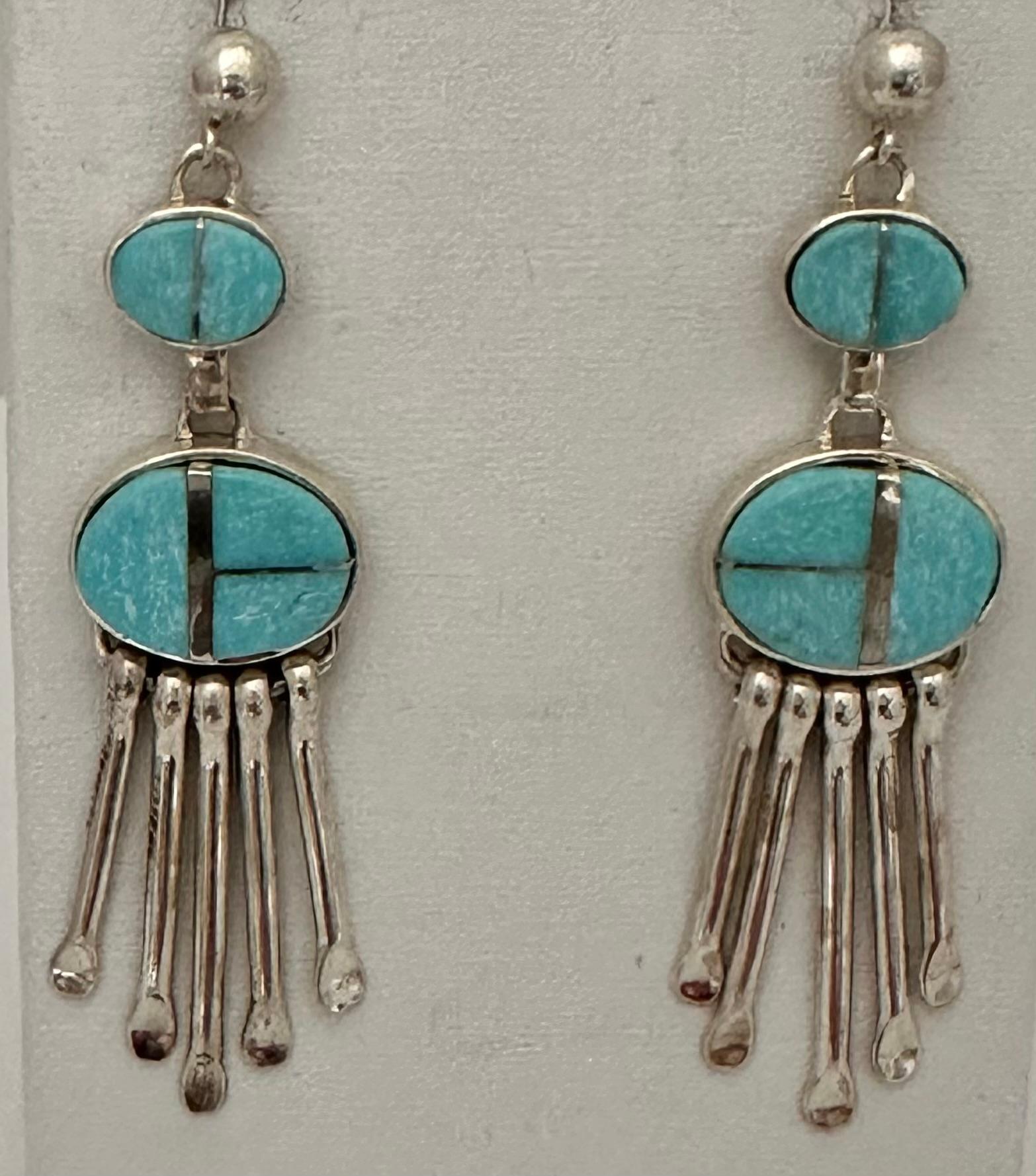 Navajo Artist Billy Long  
Sterling Silver .925 Sleeping Beauty Turquoise Dangle Earrings 
Approximately 1/2