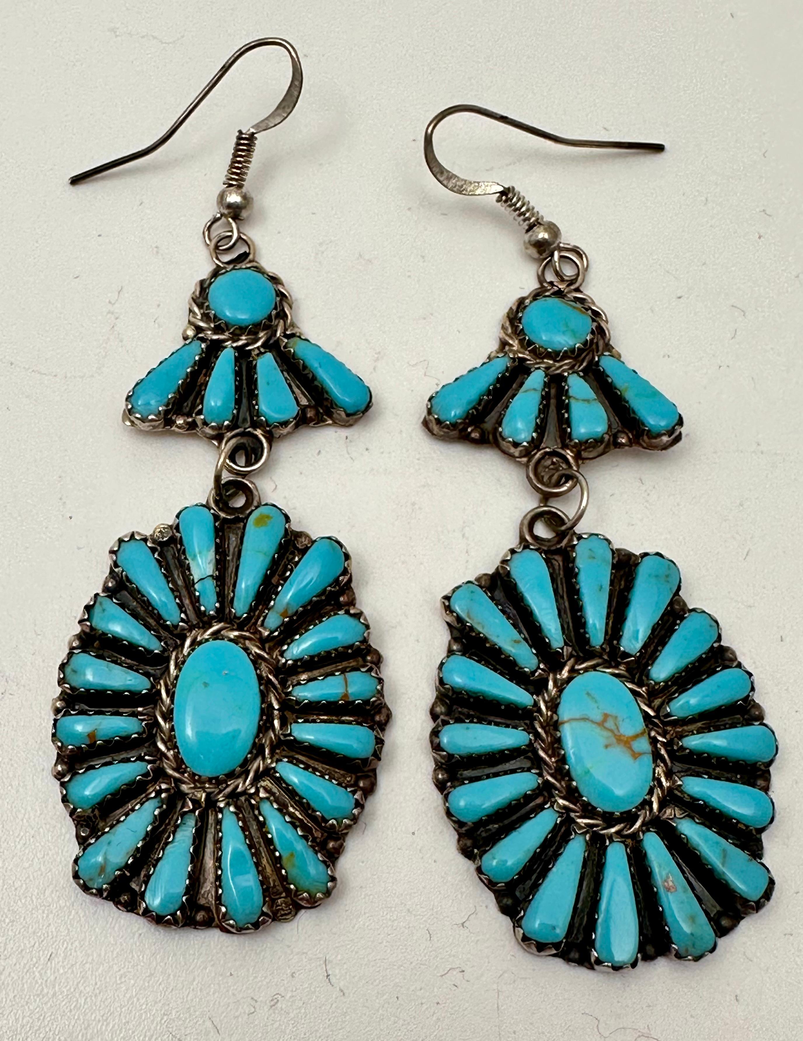 Pendants d'oreilles en argent sterling .925 Turquoise Navajo par Leander Nez 1