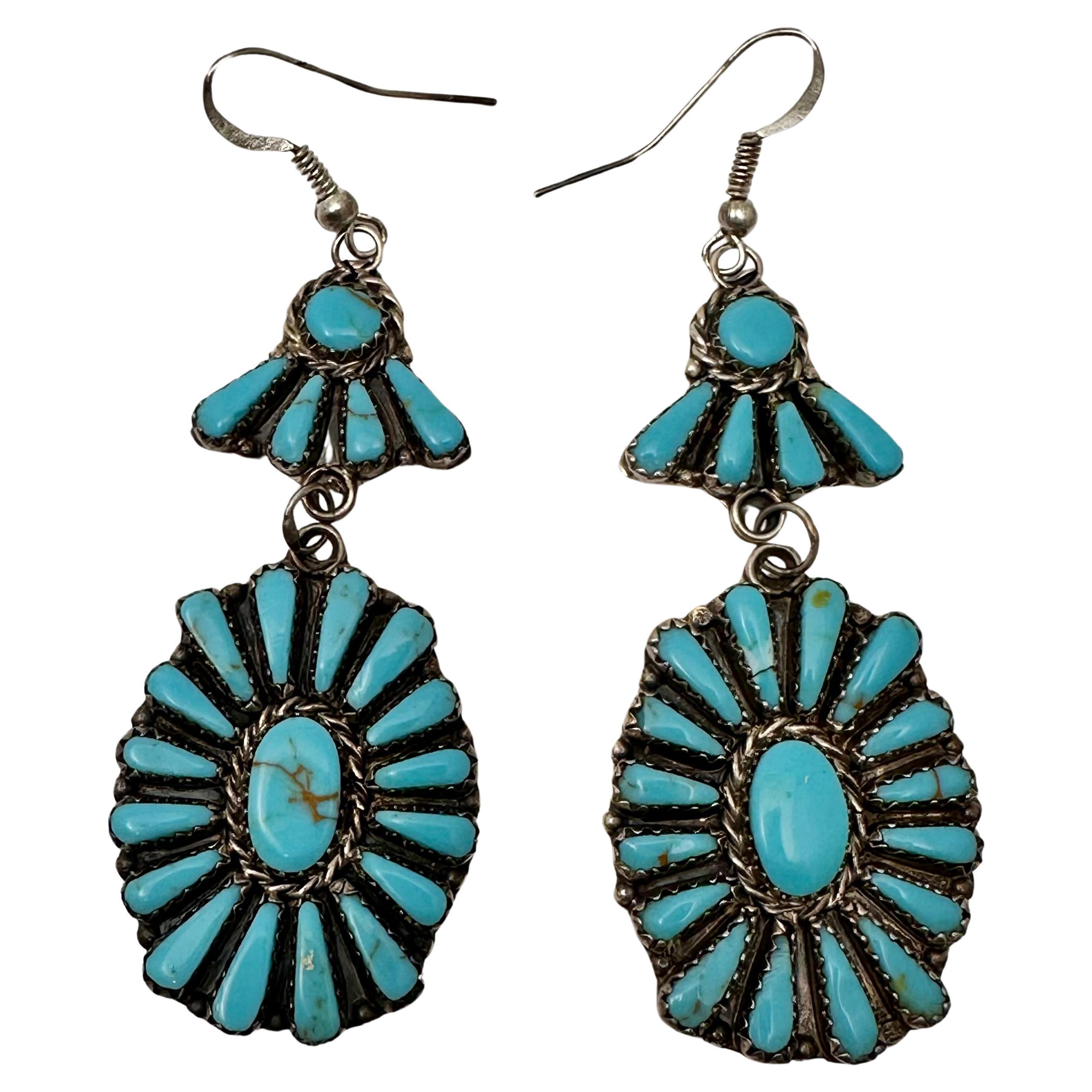 Pendants d'oreilles en argent sterling .925 Turquoise Navajo par Leander Nez 1" x 3" en vente