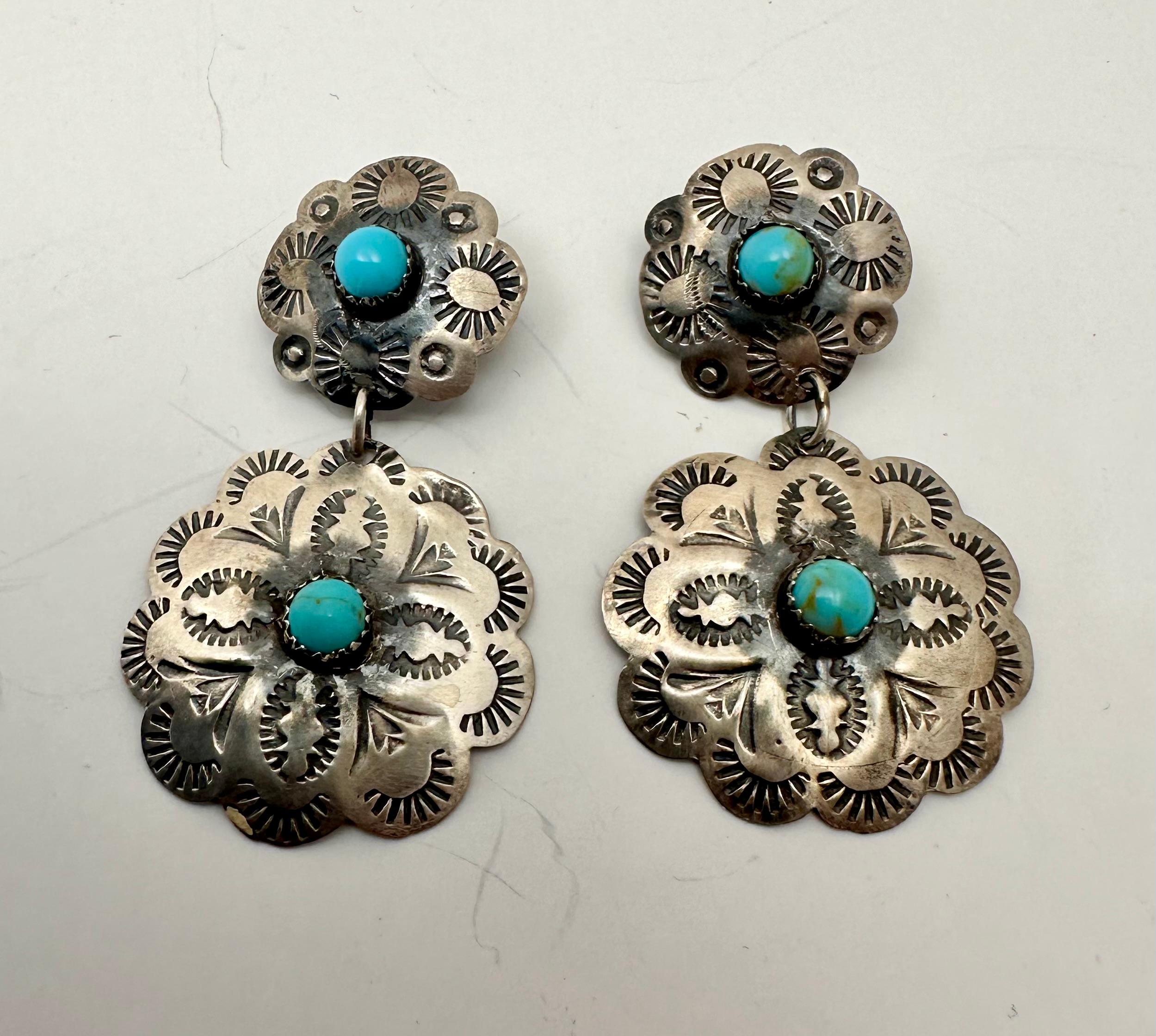 Boucles d'oreilles en argent sterling .925 Turquoise artiste Navajo Tim Yazzie Concho 3/4