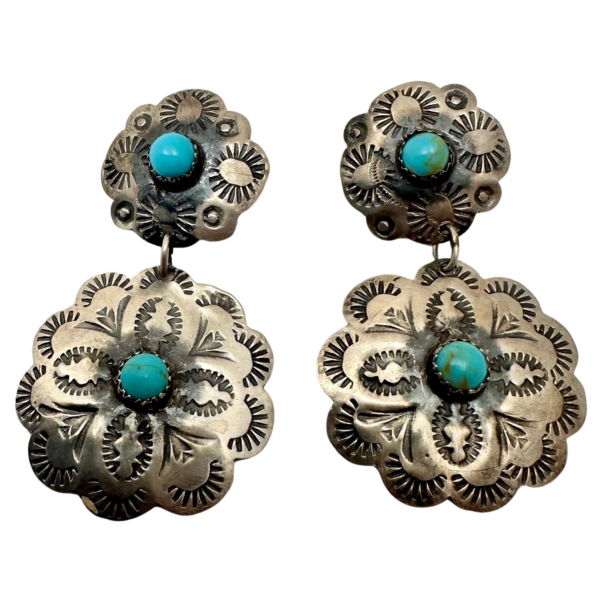 Sterling Silver .925 Turquoise Navajo by Tim Yazzie Concho 3/4 x 2 1/4" Earrings For Sale