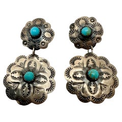Used Sterling Silver .925 Turquoise Navajo by Tim Yazzie Concho 3/4 x 2 1/4" Earrings