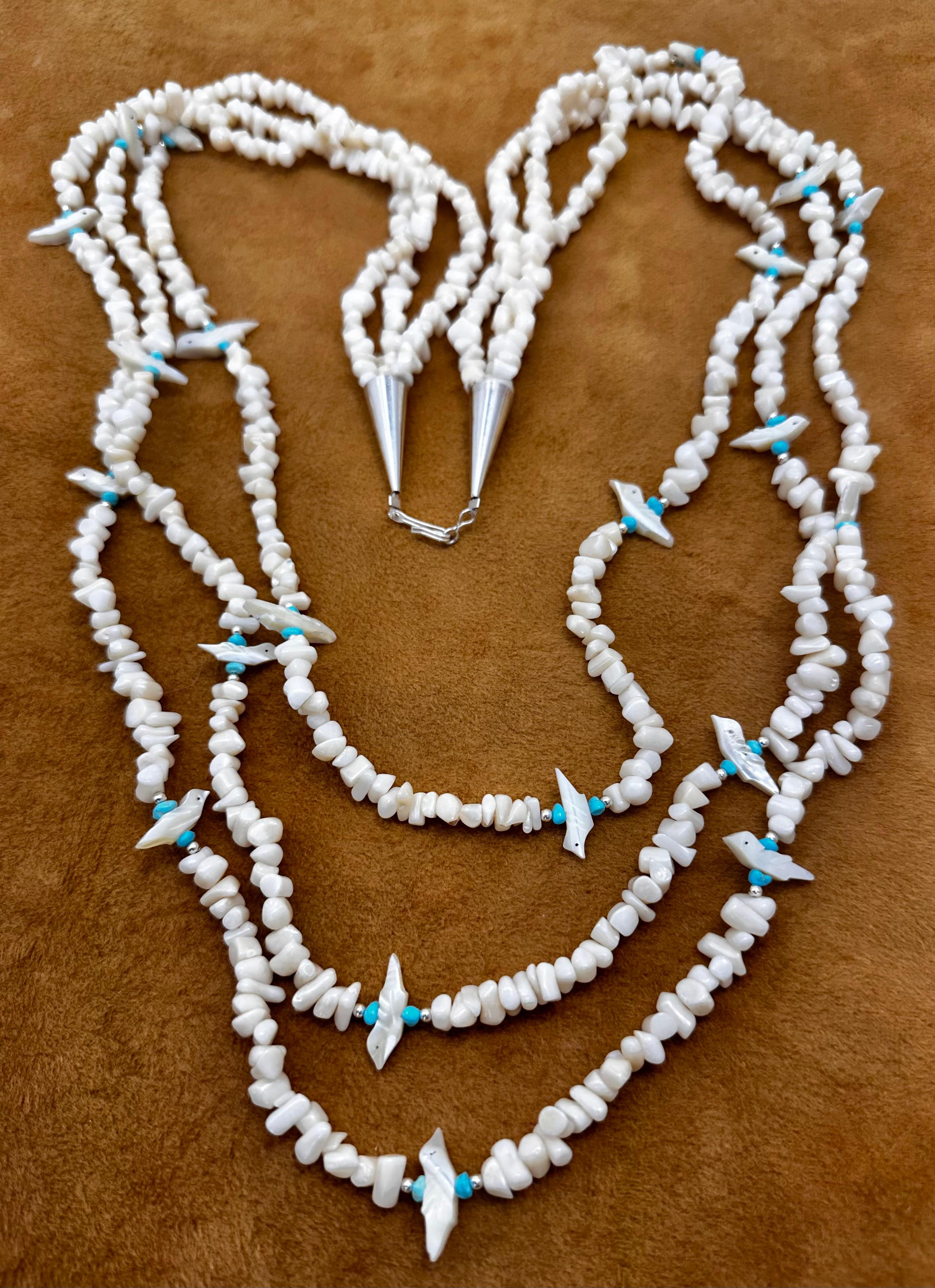 Sterling Silver .925 White Coral Mother Of Pearl and Sleeping Beauty Turquoise Fetish 3 Strand Graduated 36