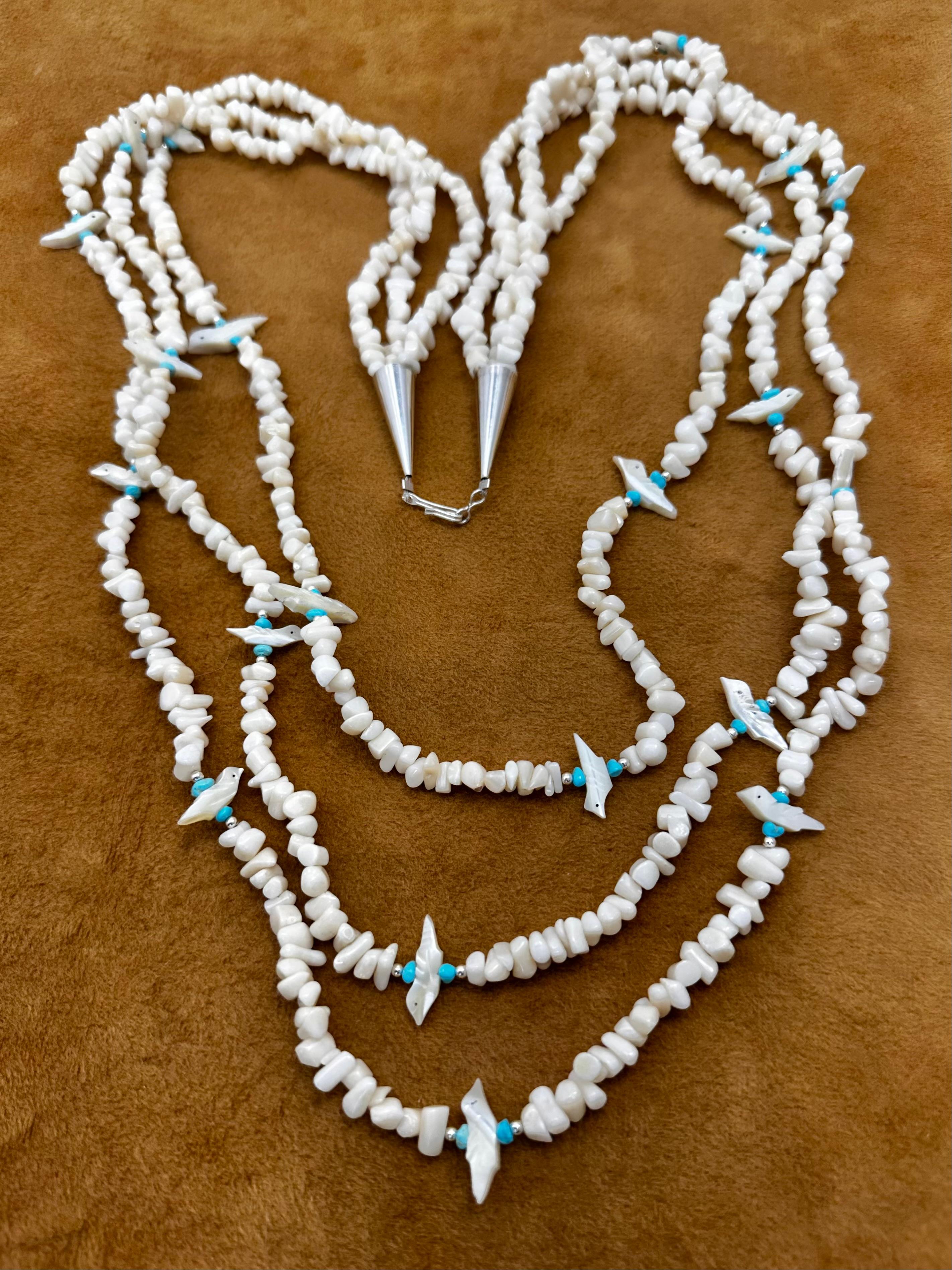 Artisan Sterling Silver .925 White Coral MOP Fetish 3 Strand Graduated 36