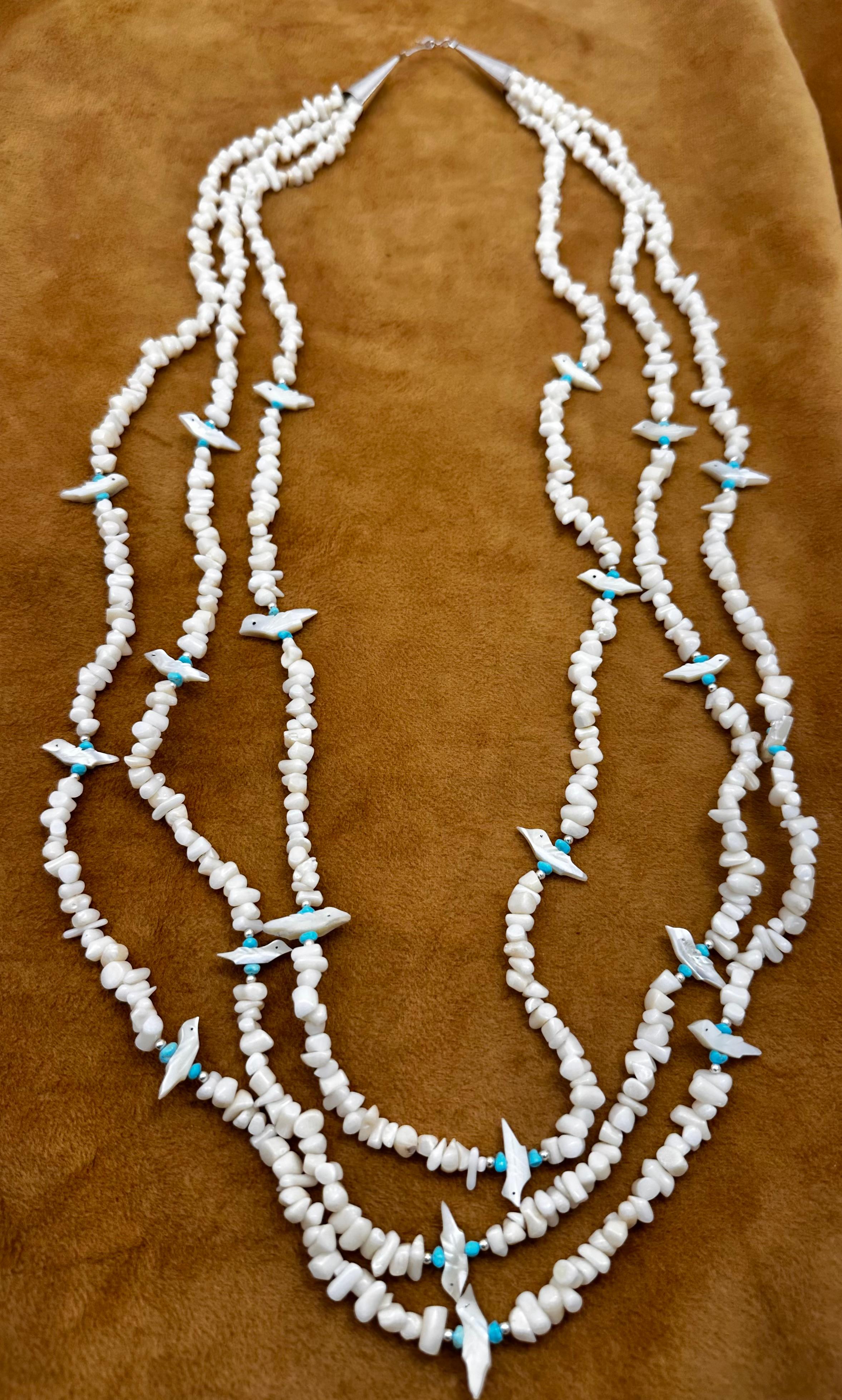 Sterling Silver .925 White Coral MOP Fetish 3 Strand Graduated 36