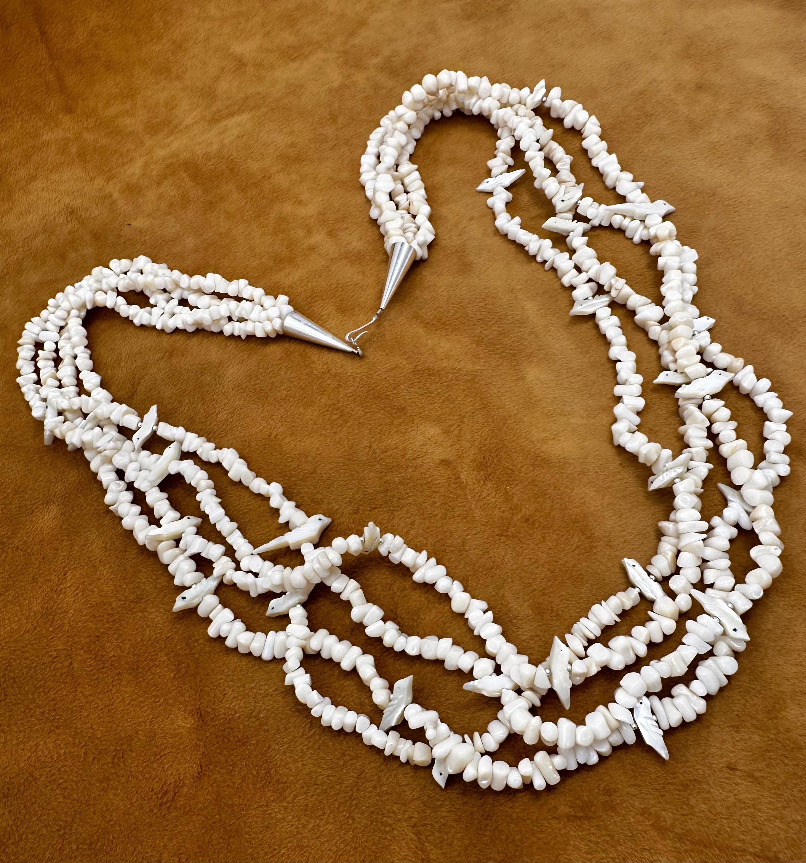 Artisan Sterling Silver .925 White Coral Mother Of Pearl Fetish Four Strand 34