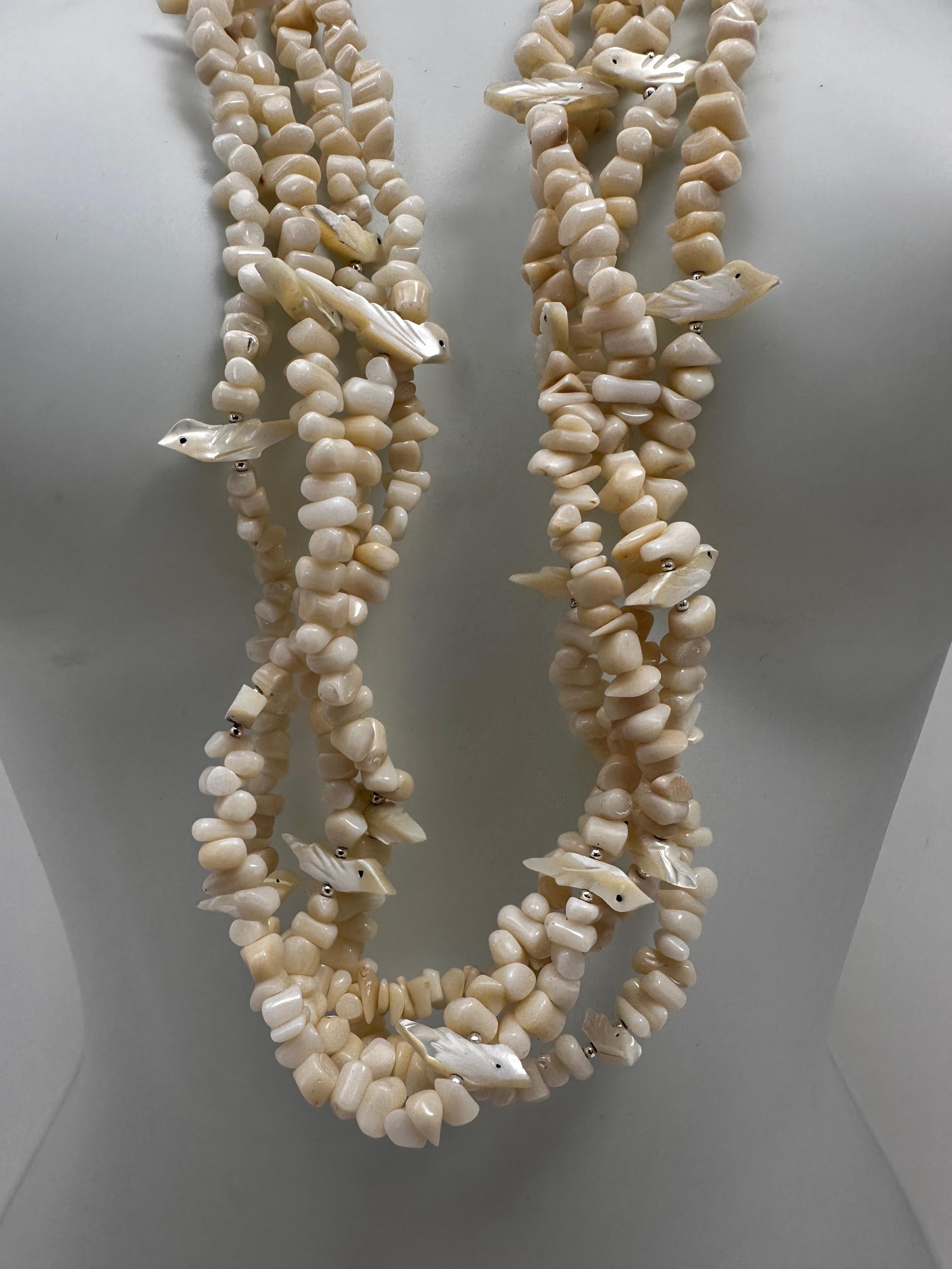Sterling Silver .925 White Coral Mother Of Pearl Fetish Four Strand 34