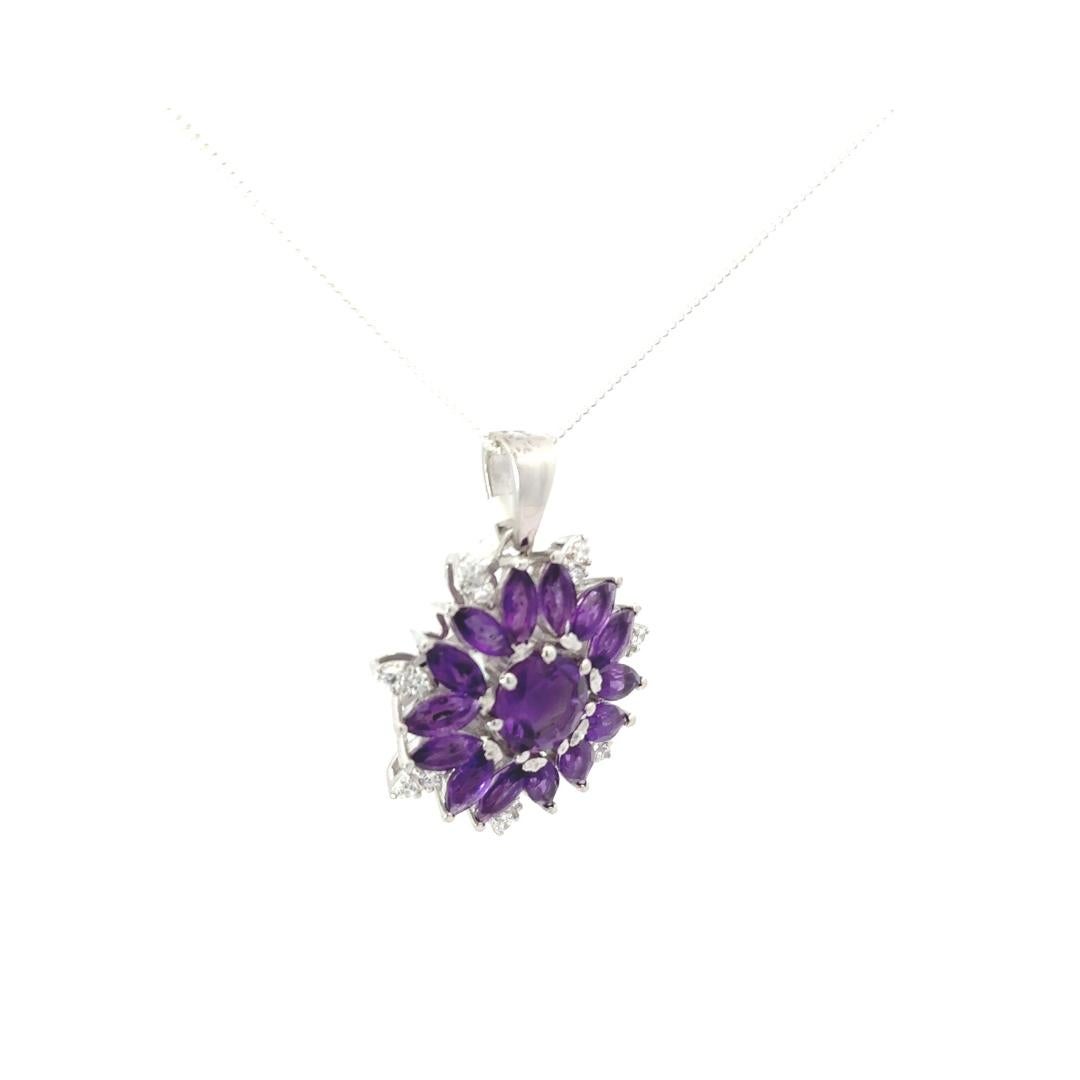 Art Deco Sterling Silver 9.9 Ct Amethyst Gemstone Halo Floral Pendant Necklace for Her For Sale
