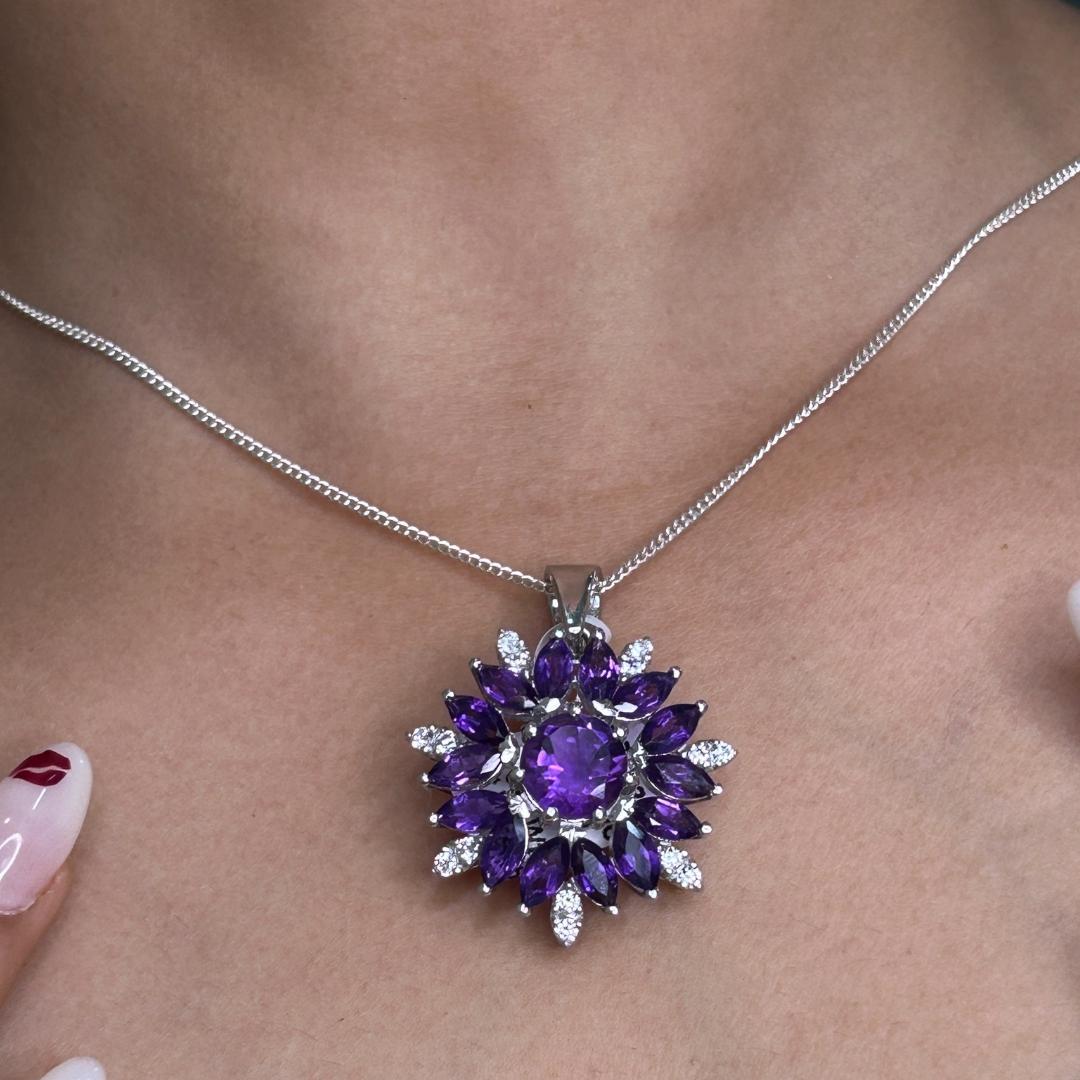 Mixed Cut Sterling Silver 9.9 Ct Amethyst Gemstone Halo Floral Pendant Necklace for Her For Sale