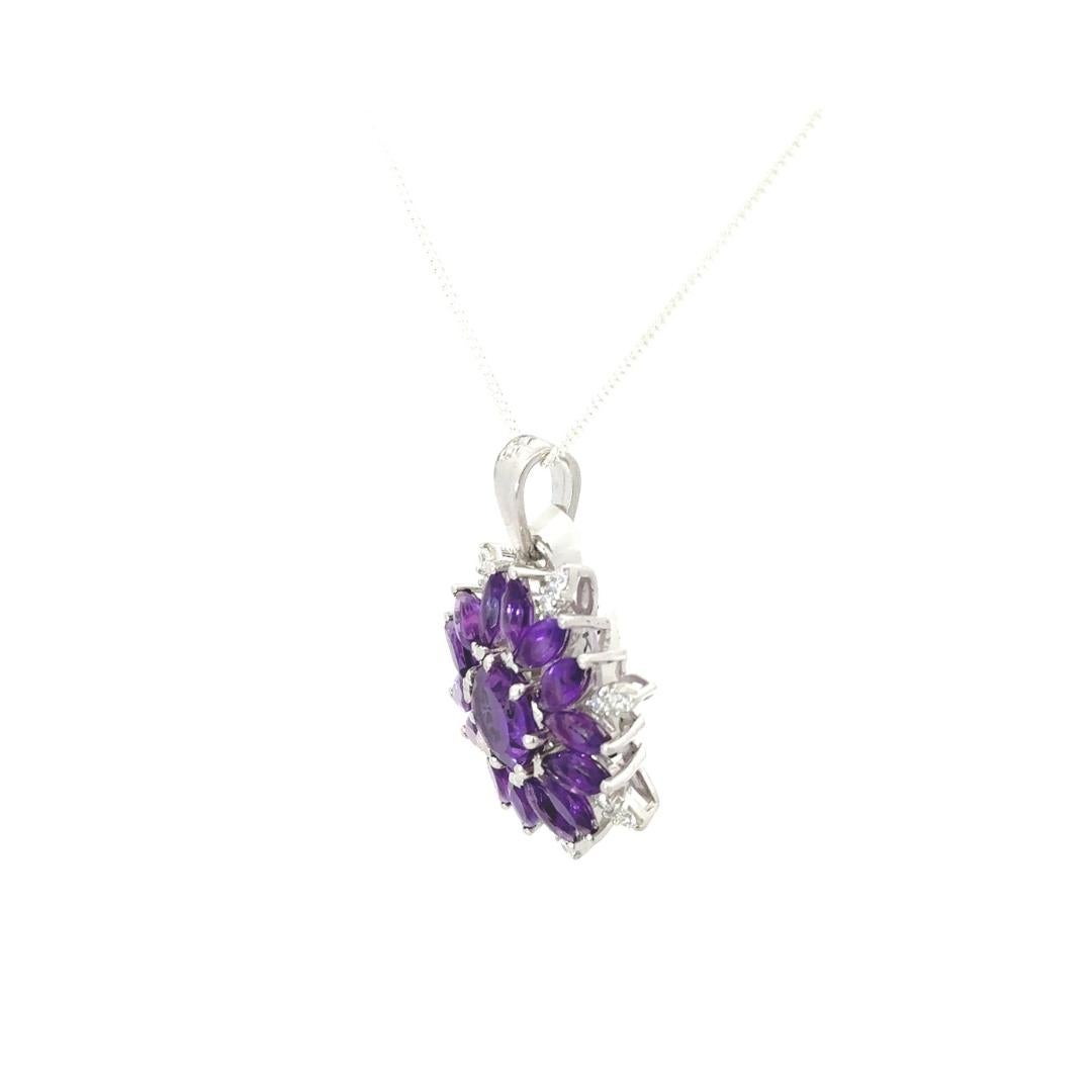 Sterling Silver 9.9 Ct Amethyst Gemstone Halo Floral Pendant Necklace for Her In New Condition For Sale In New York, NY