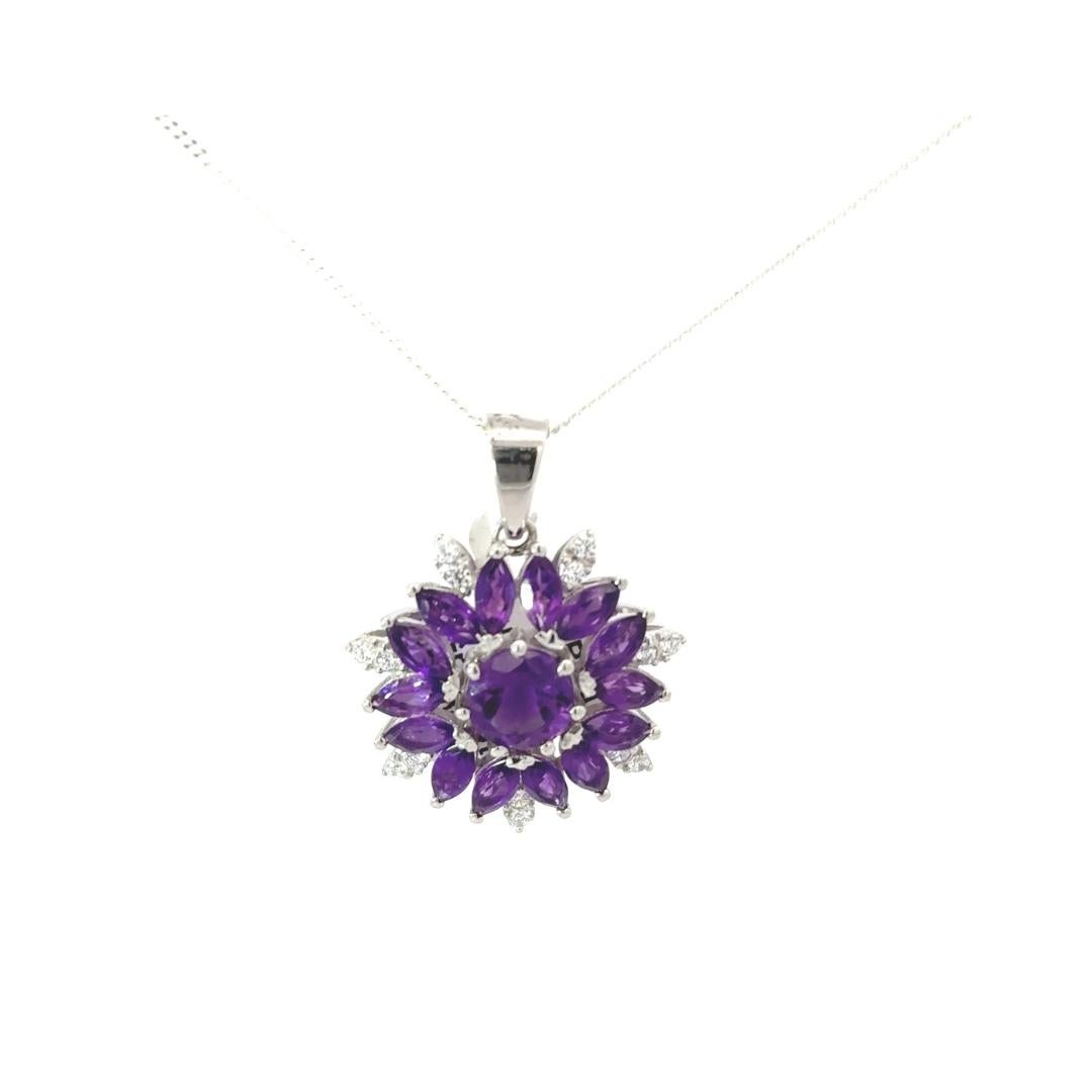Sterling Silver 9.9 Ct Amethyst Gemstone Halo Floral Pendant Necklace for Her For Sale 2