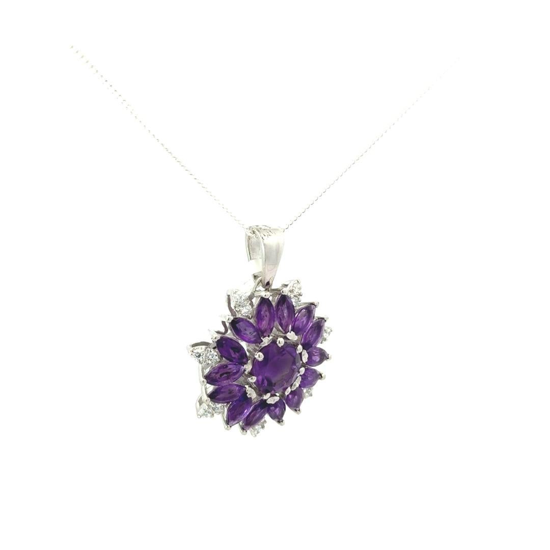Sterling Silver 9.9 Ct Amethyst Gemstone Halo Floral Pendant Necklace for Her For Sale 3