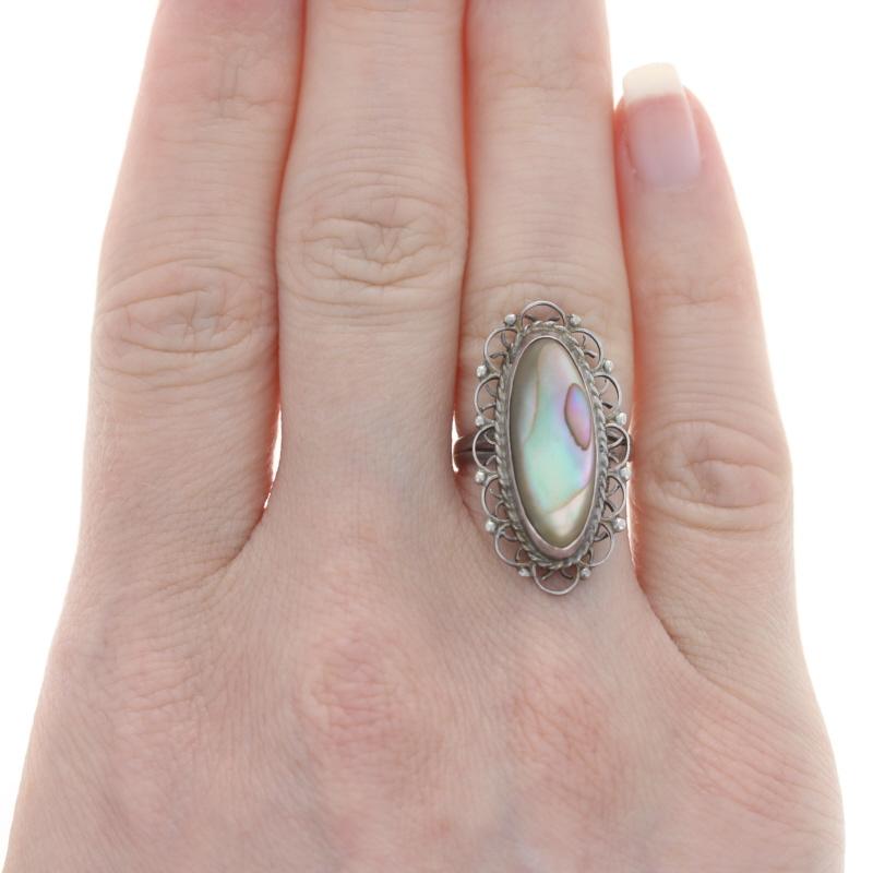 Sterling Silver Abalone Cocktail Solitaire Scallop Lace Ring - 925 Mexico In Excellent Condition For Sale In Greensboro, NC