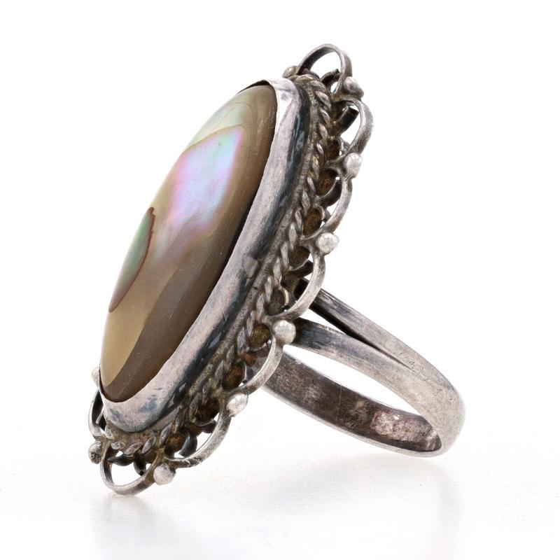 Women's Sterling Silver Abalone Cocktail Solitaire Scallop Lace Ring - 925 Mexico For Sale