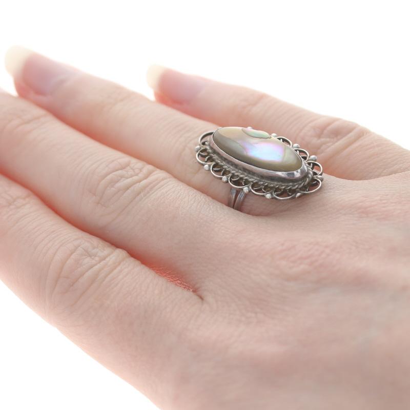 Sterling Silver Abalone Cocktail Solitaire Scallop Lace Ring - 925 Mexico For Sale 1