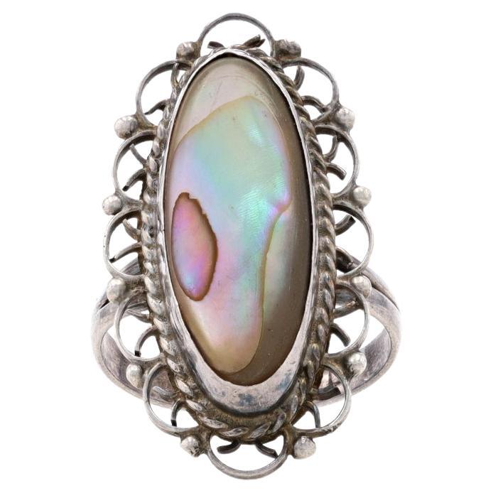 Sterling Silver Abalone Cocktail Solitaire Scallop Lace Ring - 925 Mexico For Sale