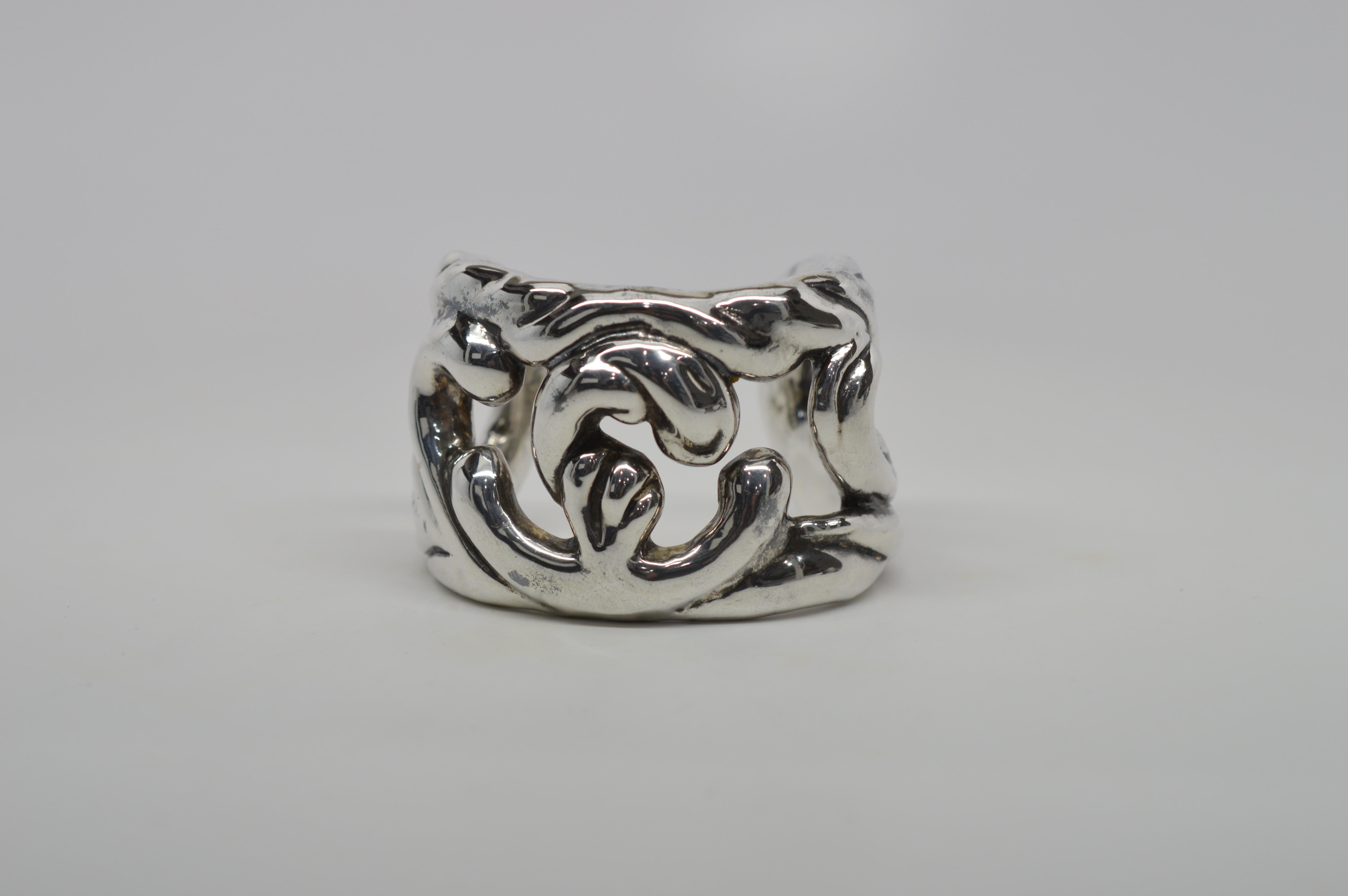 Sterling Silver Abstract Boho Cuff Bracelet In Good Condition For Sale In Mount Kisco, NY