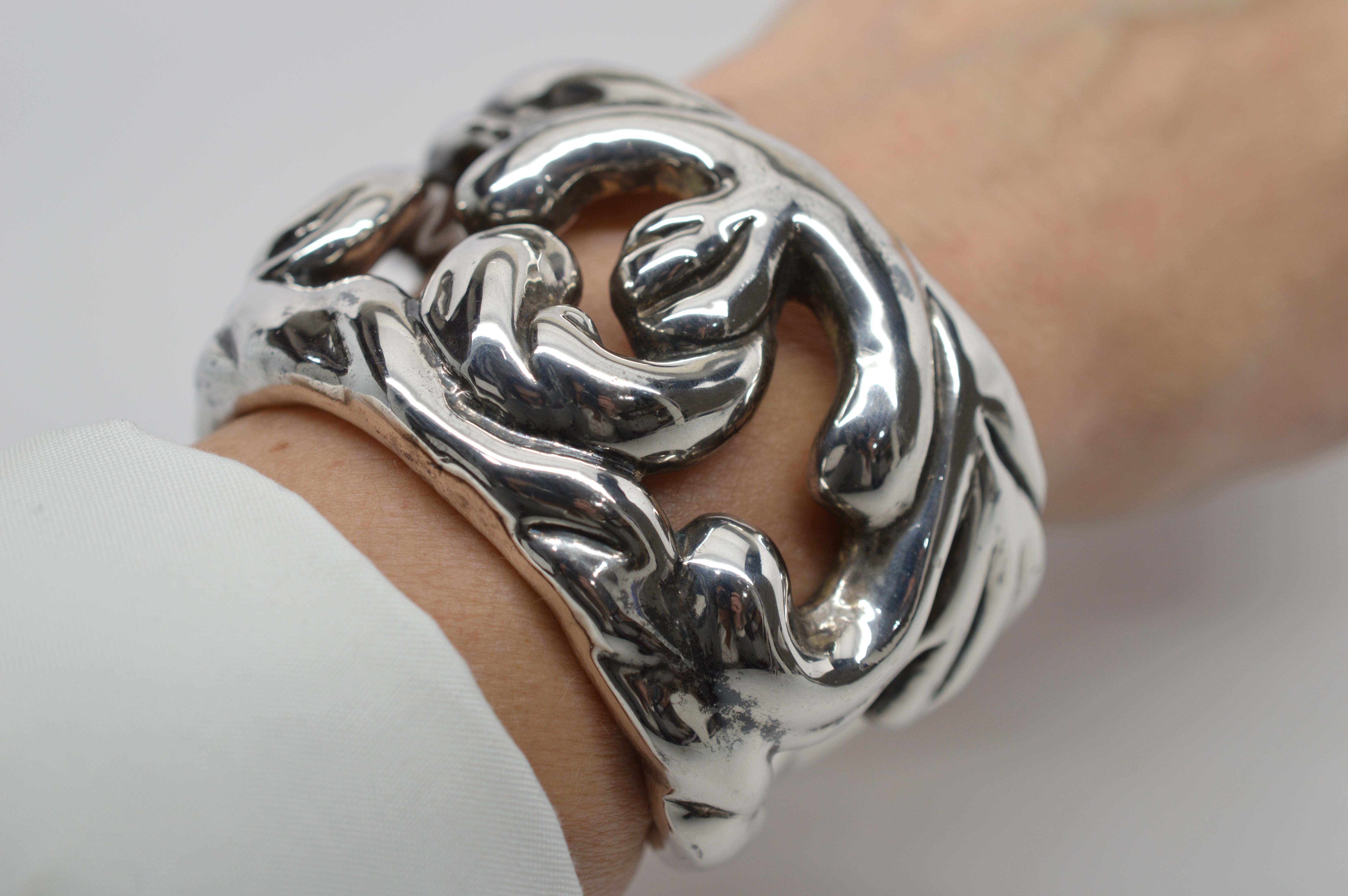 Women's Sterling Silver Abstract Boho Cuff Bracelet For Sale